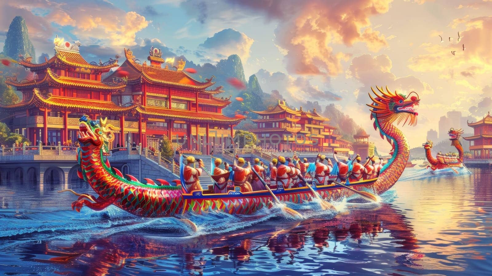 The warm glow of sunset bathes dragon boats and traditional Chinese architecture in a captivating light, as rowers race with passion and vigor. by sfinks