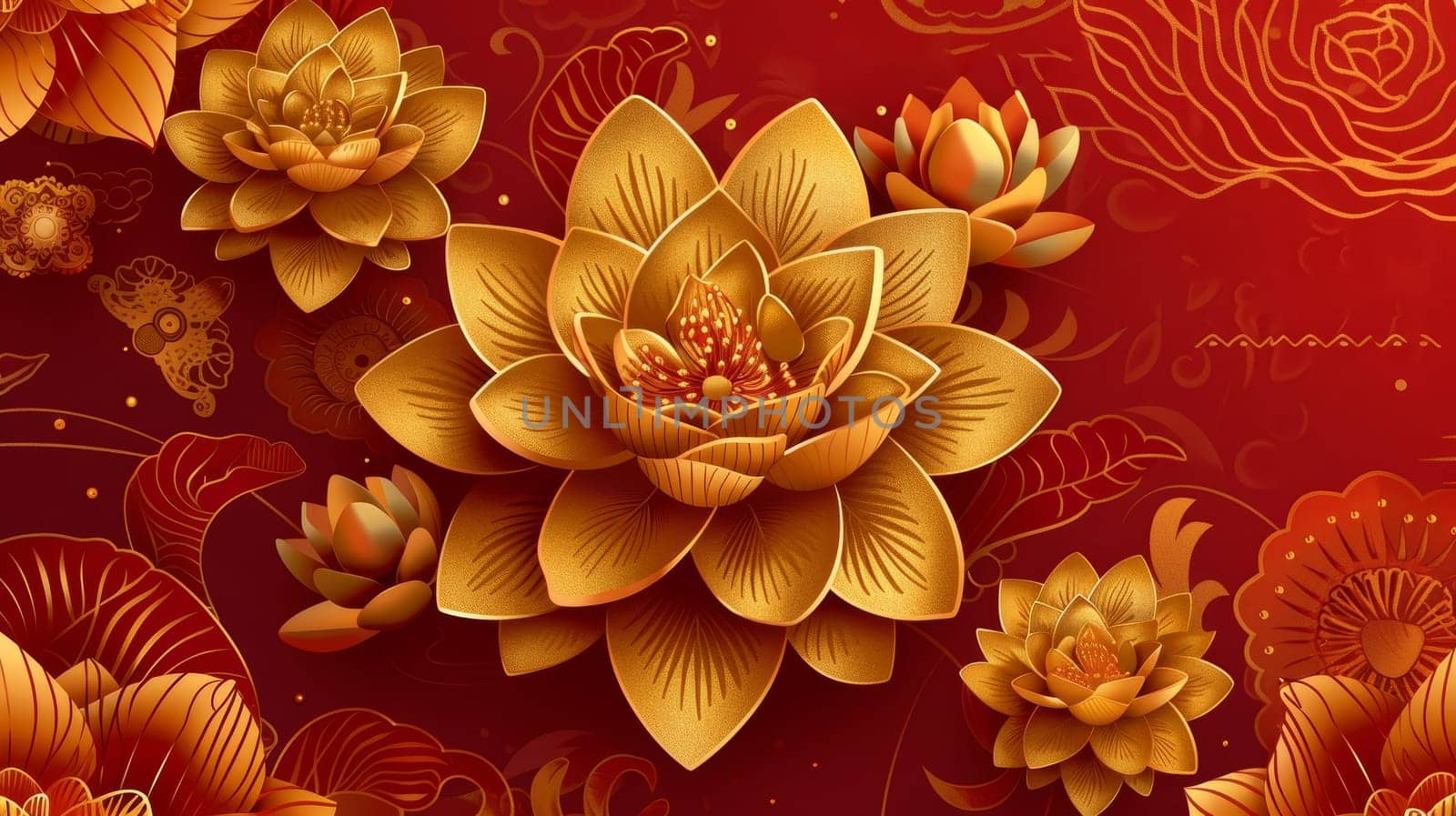 A luxurious greeting card design for Akshaya Tritiya featuring golden lotus flowers and intricate traditional patterns on a rich red background. by sfinks