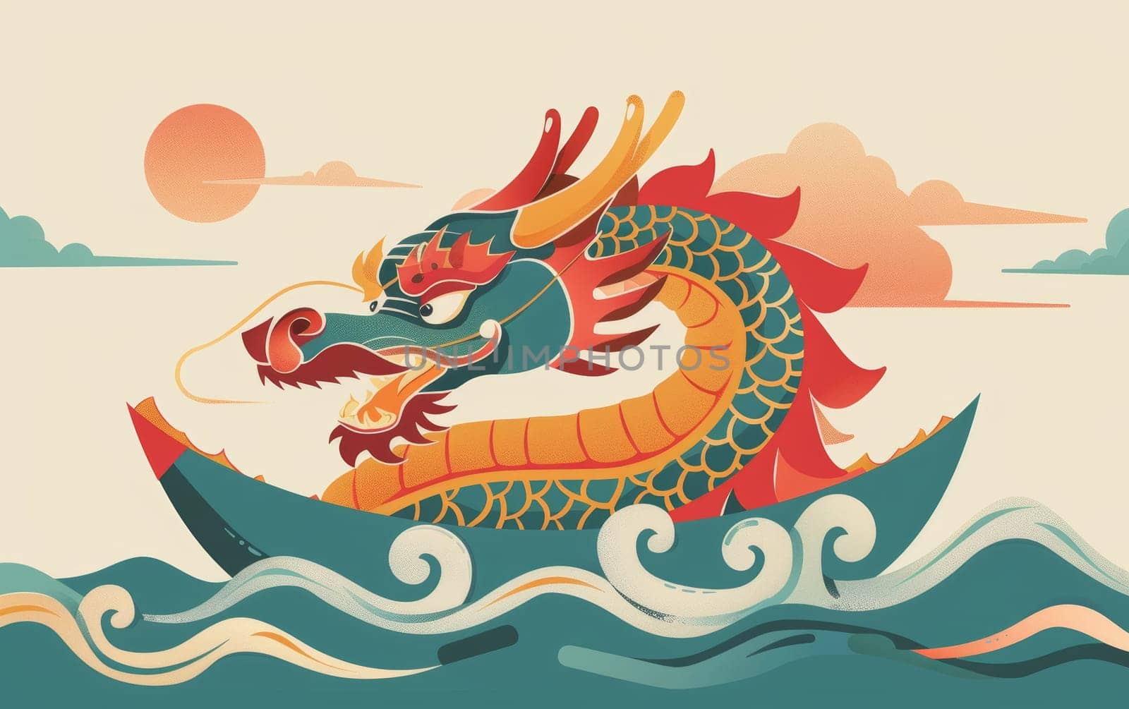 A vibrant, stylized illustration of a colorful dragon boat sailing on the sea against a beautiful sunset. Asian festival.