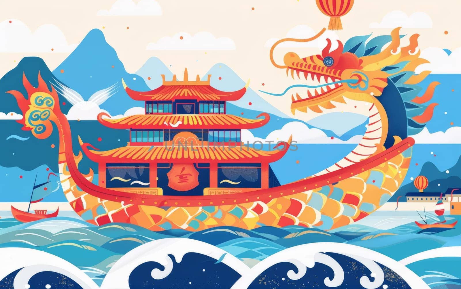 A vibrant, stylized illustration of a colorful dragon boat sailing on the sea against a beautiful sunset. Asian festival by sfinks