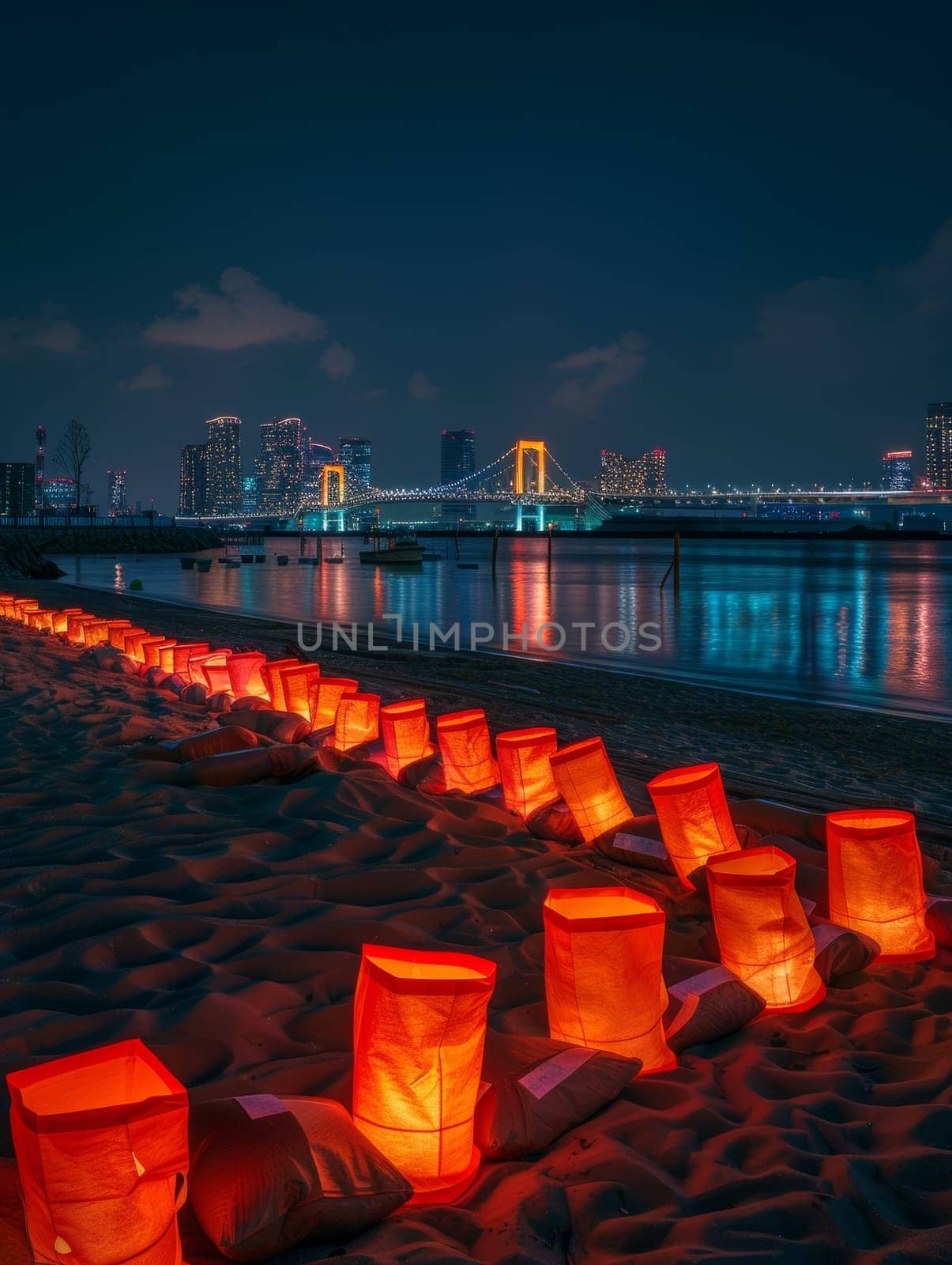 Candlelit paper lanterns create a path on a sandy Tokyo beach with city lights in the backdrop during Marine Day. Japanese Marine Day Umi no Hi also known as Ocean Day or Sea Day by sfinks