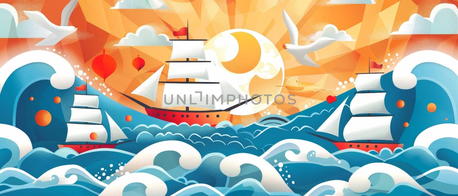 An idyllic digital artwork showcasing a traditional sailing ships cruising at sunset, complemented by seagulls and calm seas. by sfinks