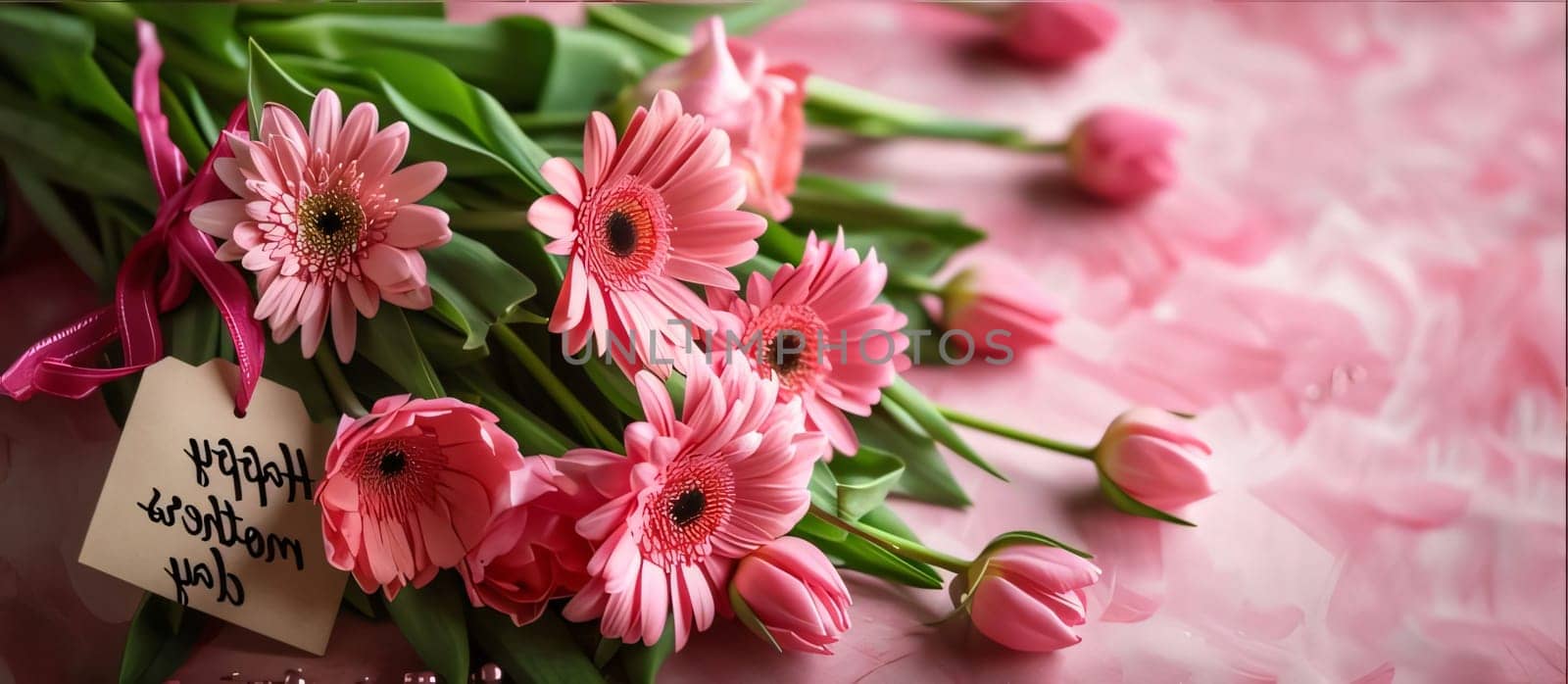 Mother's Day: Bouquet of pink gerbera flowers on a pink background