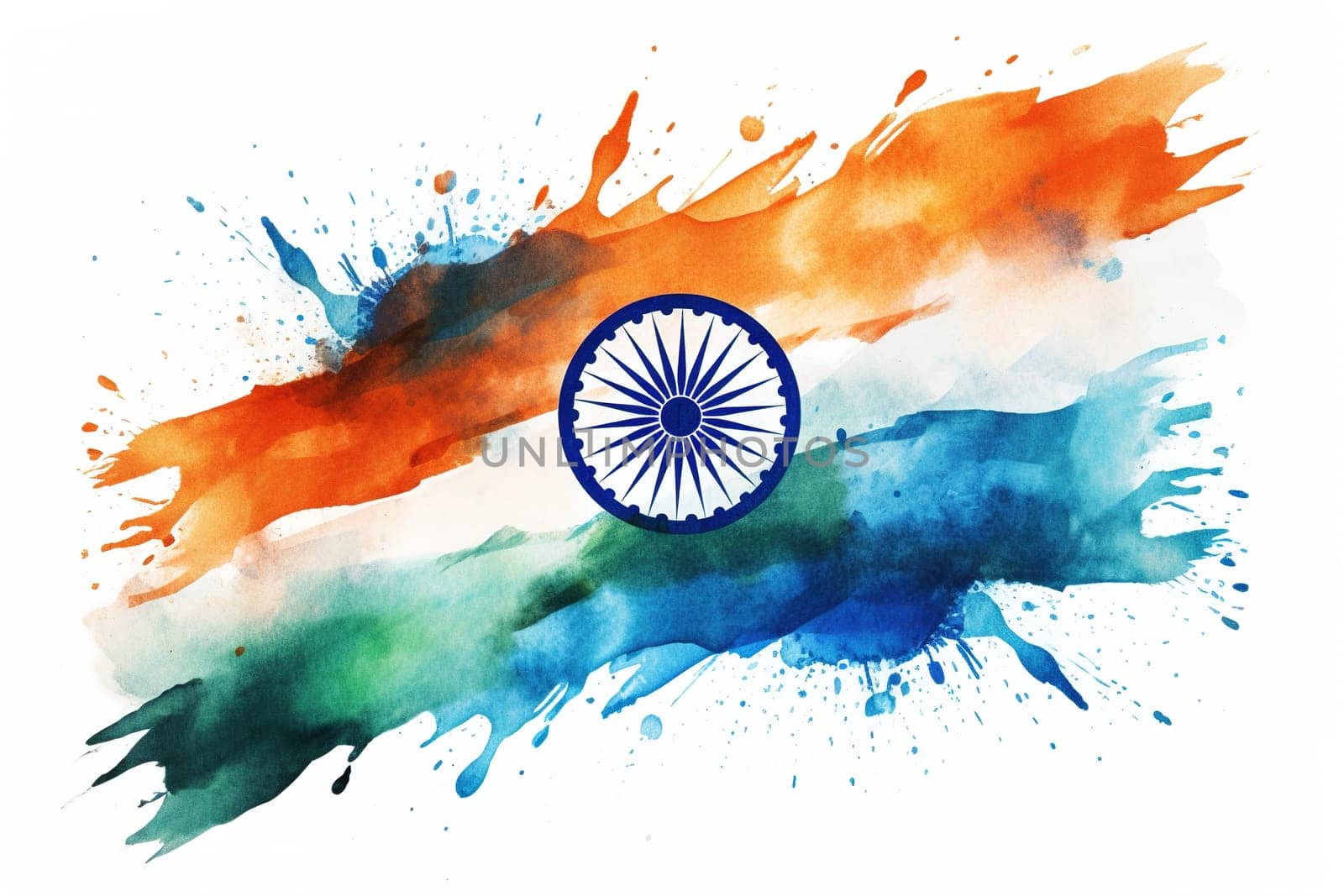 A vibrant watercolor painting of the Indian flag with the Ashoka Chakra in the center. Indian Independence Day. Ideal for celebrating India's culture and national pride. Generative AI. by creativebird