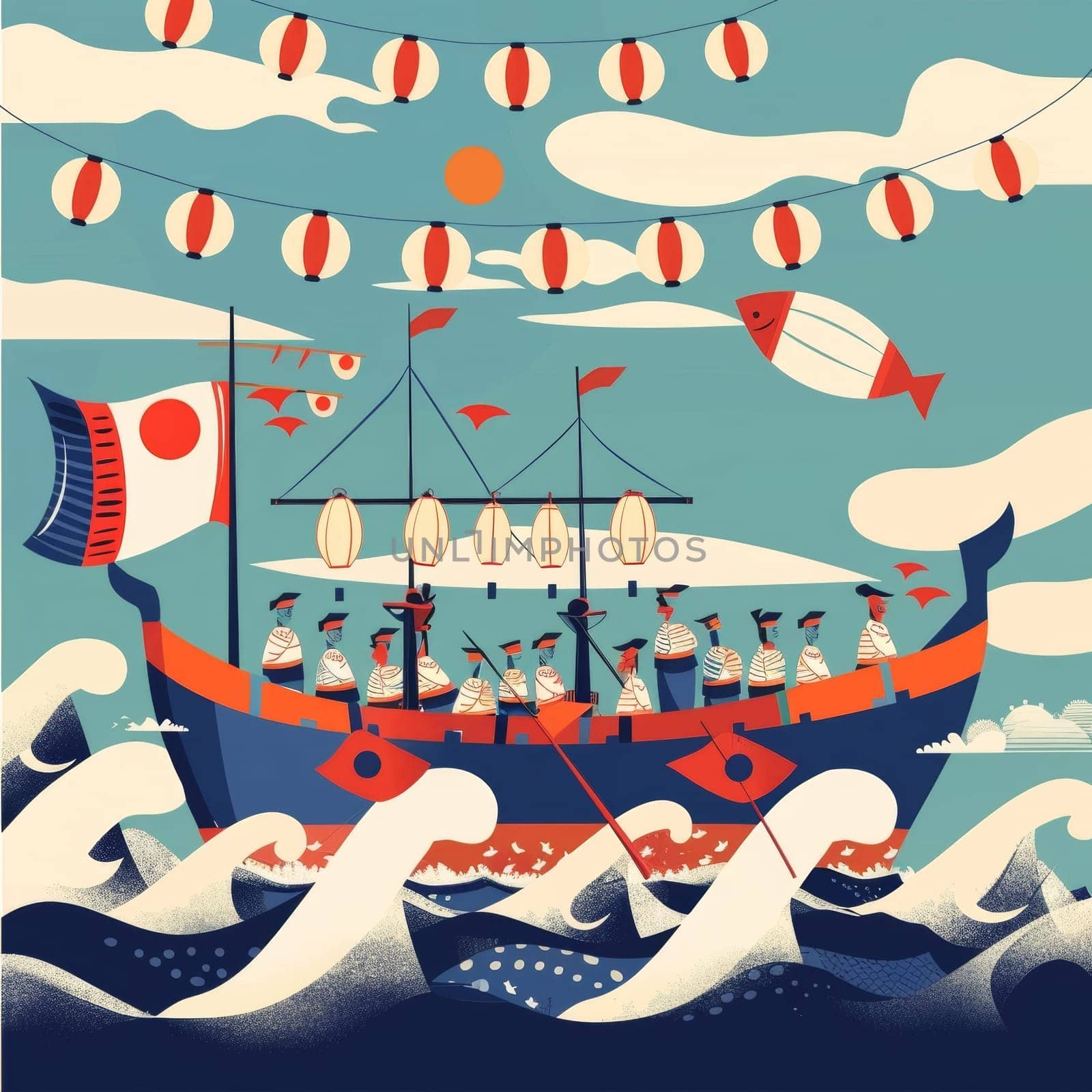 A vibrant and whimsical scene of a lively sea-faring celebration, with a parade of ships, lanterns, and an array of colorful marine creatures