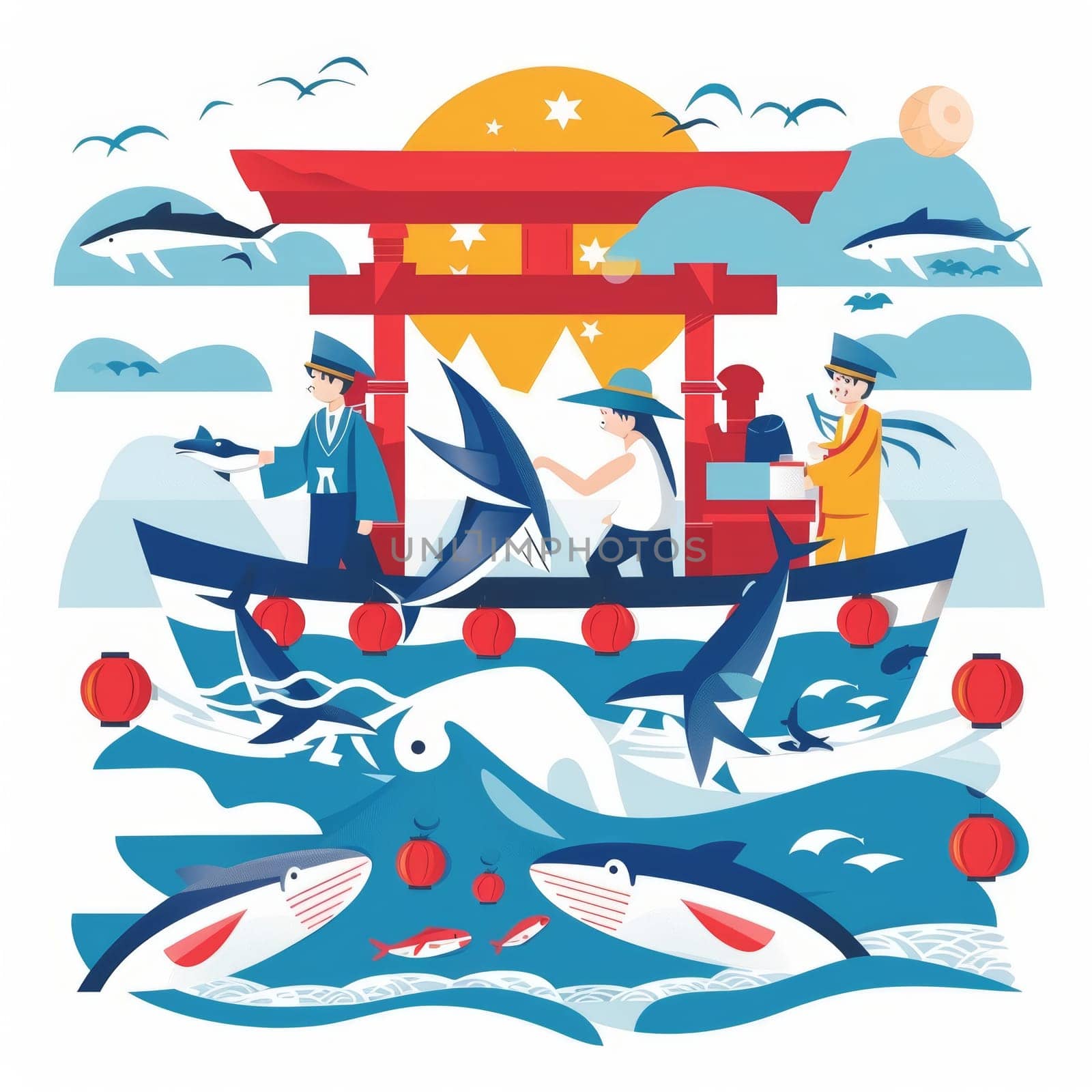 A vibrant illustration depicting a festive Japanese scene with a traditional torii gate, people in kimonos, and sharks swimming in the water below, all set against a starry sky. by sfinks