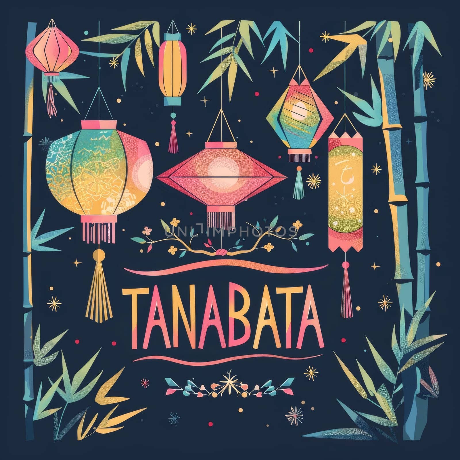 A vivid illustration depicting the Tanabata festival with ornate paper lanterns and bamboo on a starry background. by sfinks