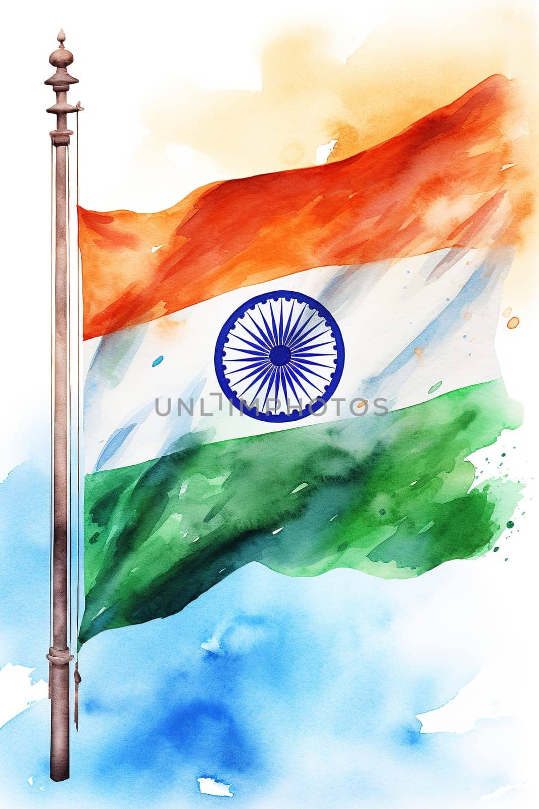 Vibrant watercolor painting of the Indian flag with the Ashoka Chakra in the center. Indian Independence Day. Ideal for celebrating India's culture and national pride. Vertical format. Generative AI