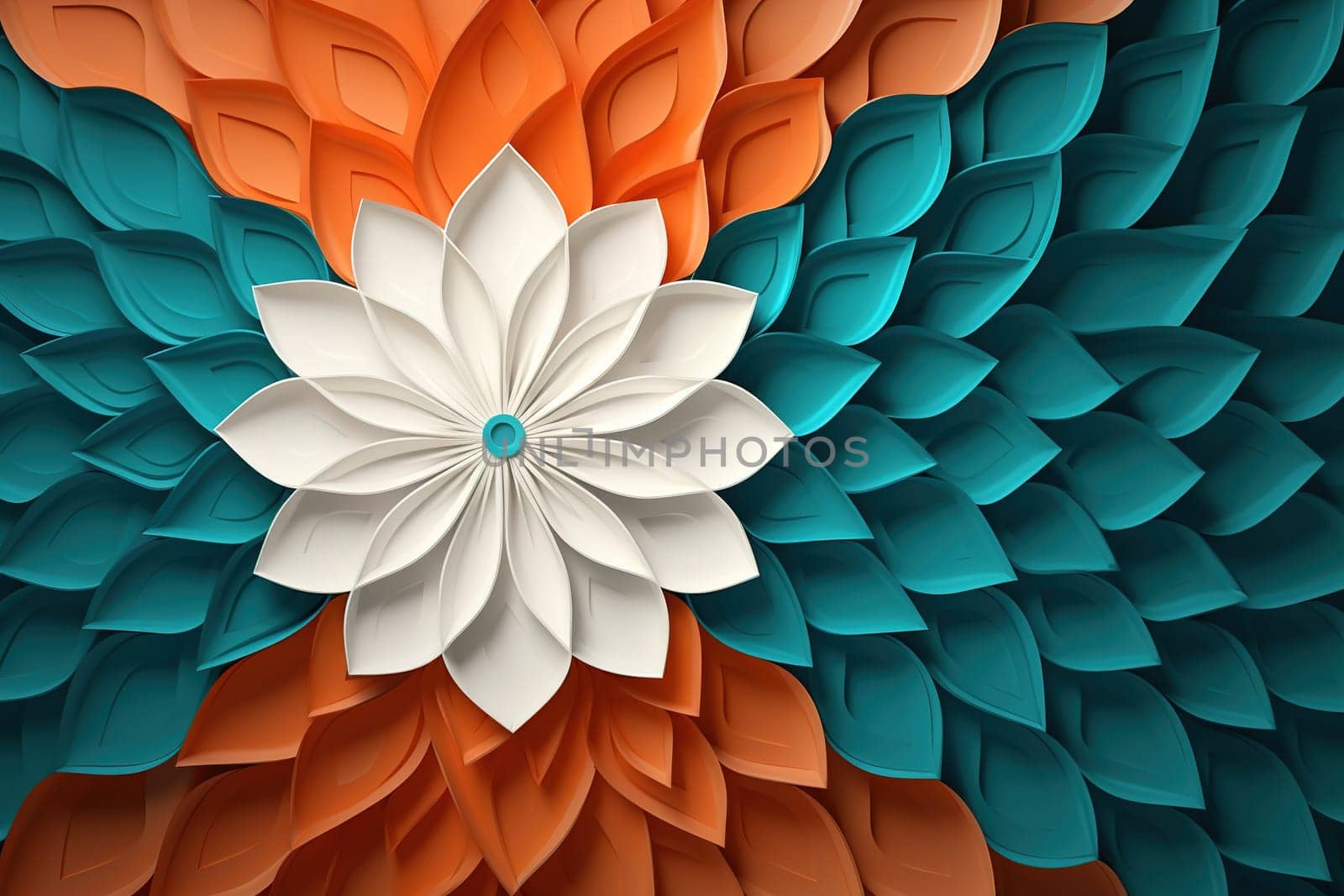 Vibrant abstract design representing the Indian Independence Day, featuring stylized white flower in the center with petals in the colors of the Indian flag: saffron, white, and green. Generative AI