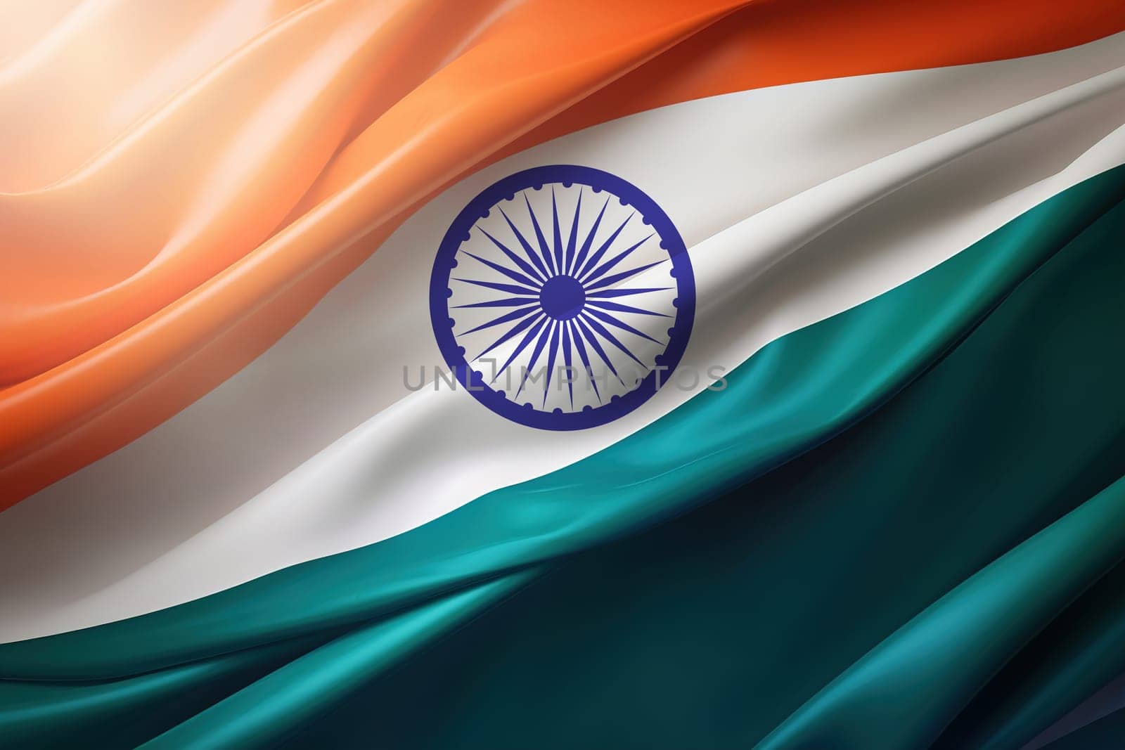 Indian national flag with flowing saffron, white, and green colors. Indian Independence Day, concept of patriotism and national pride. Generative AI. by creativebird
