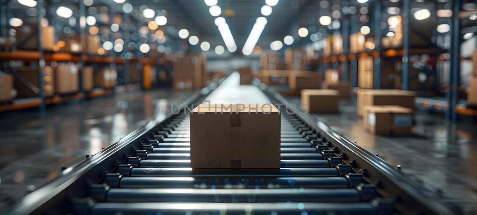 A box sits on a conveyor belt in a warehouse building by Nadtochiy