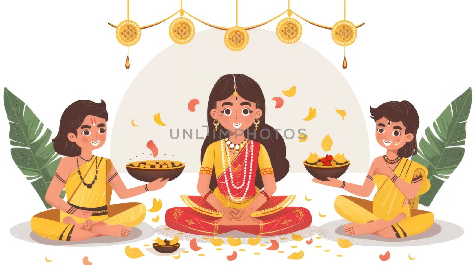 A delightful depiction of a traditional Indian ritual with children offering prayers, featuring golden hanging decorations and a backdrop of banana leaves