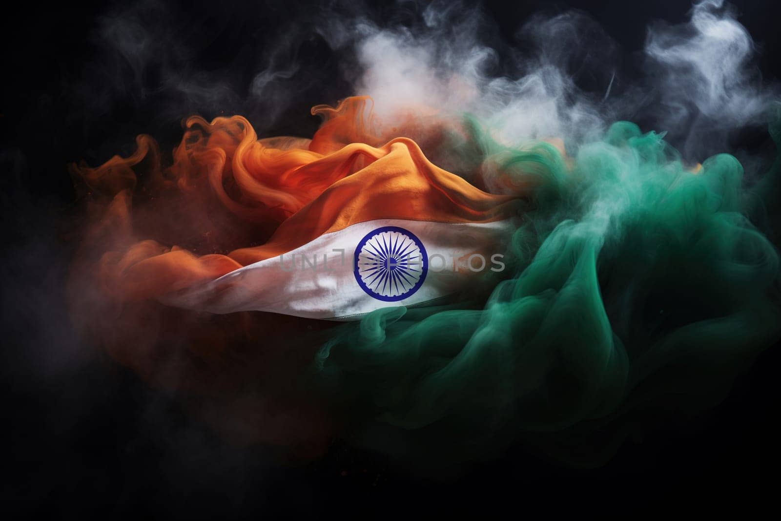 Vibrant Indian flag made from swirling clouds of orange, white, green smoke on dark background, symbolizing Indian Independence Day. Celebrating India's culture and national pride. Generative AI. by creativebird