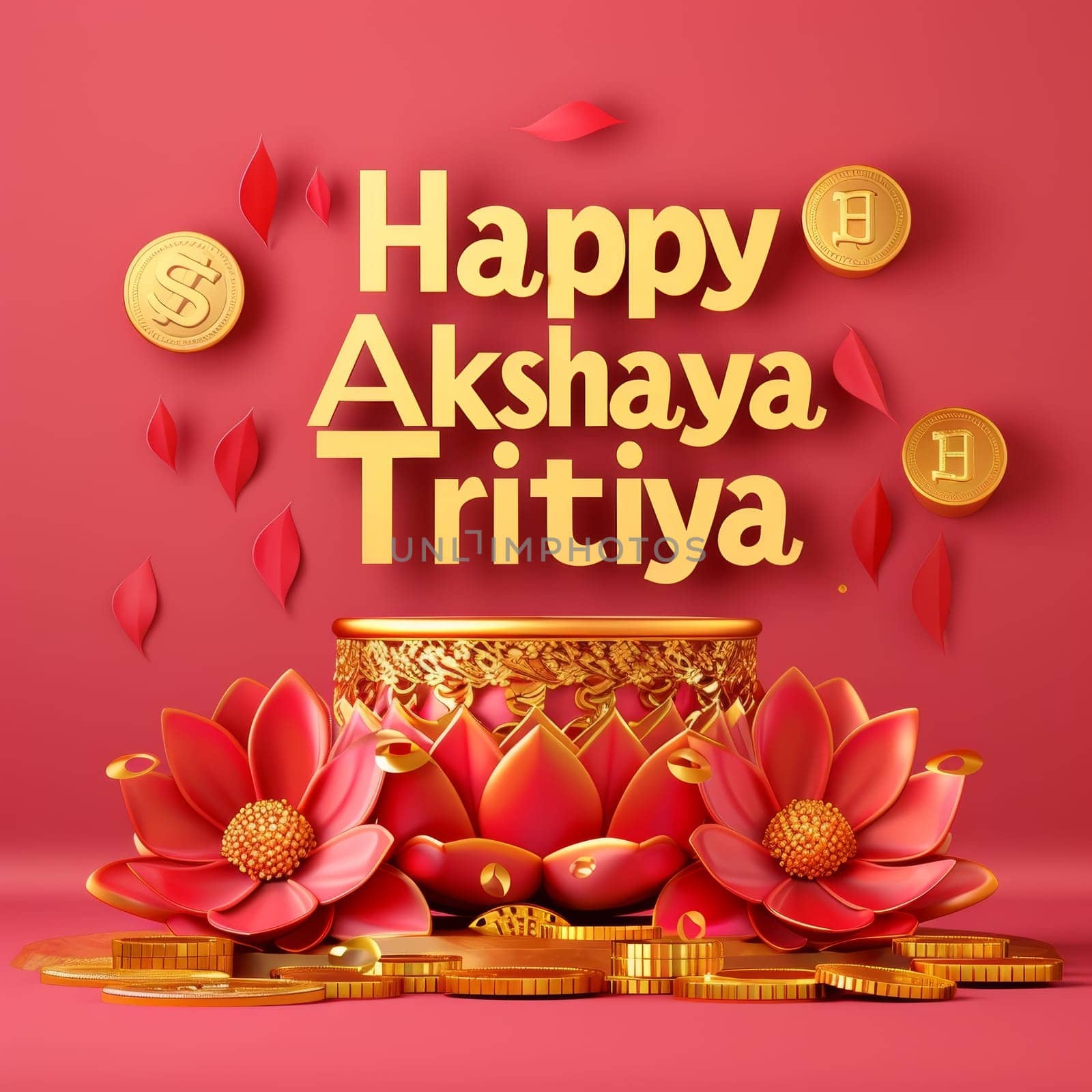 A 3D render of a festive Akshaya Tritiya greeting with lotus flowers and gold coins on a radiant red backdrop, symbolizing prosperity and good fortune