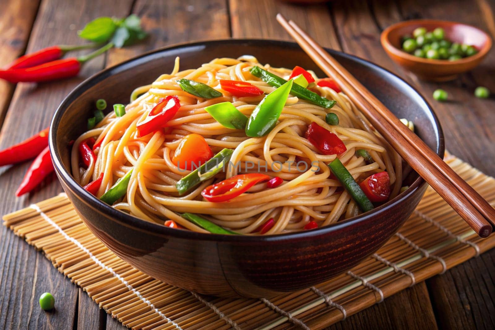 Spicy Asian noodles with vegetables and chilli in black bowl. Ai generated by alenamoore