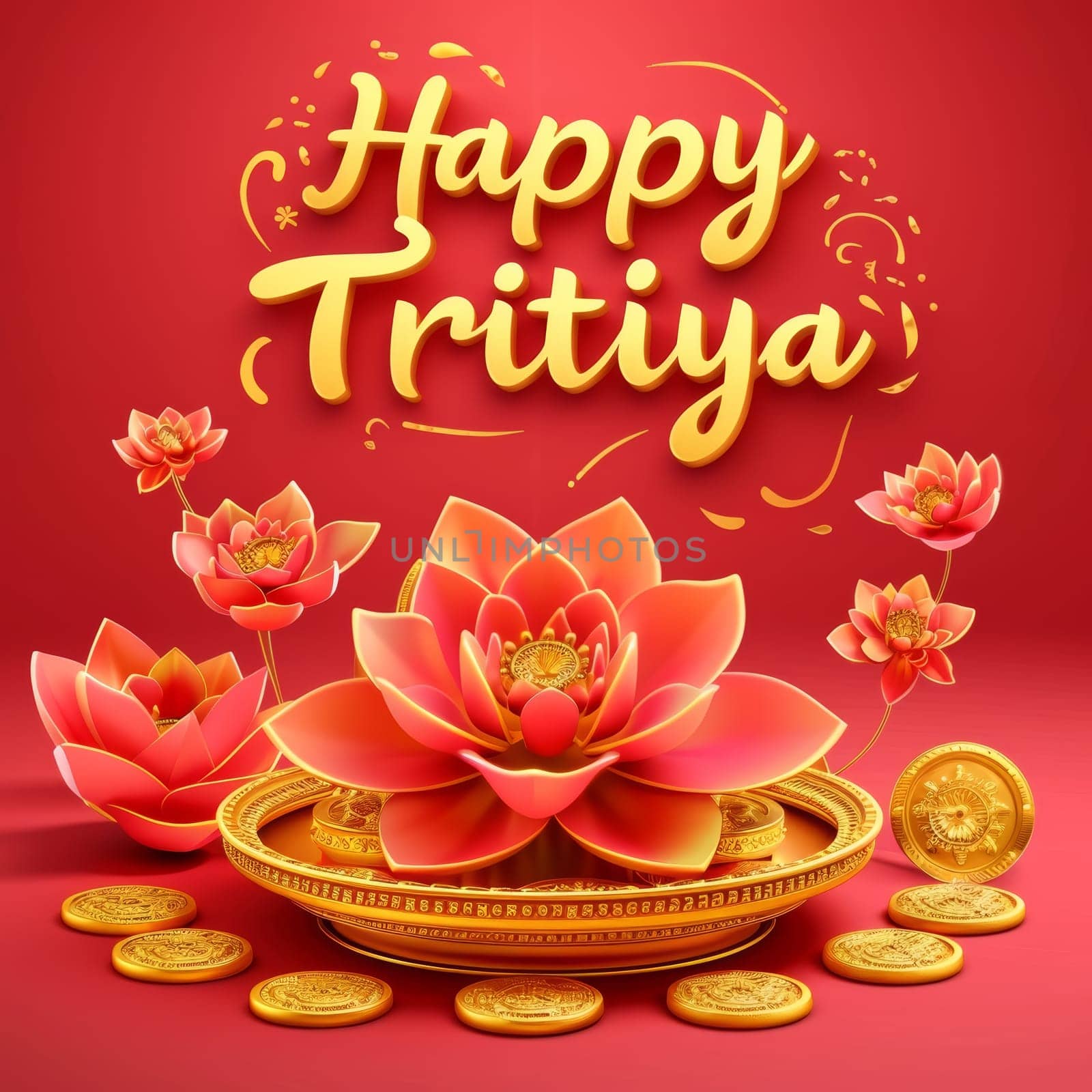 A creative illustration for Tritiya featuring elegant lotus flowers and golden coins on a cheerful red background, conveying festive greetings. by sfinks