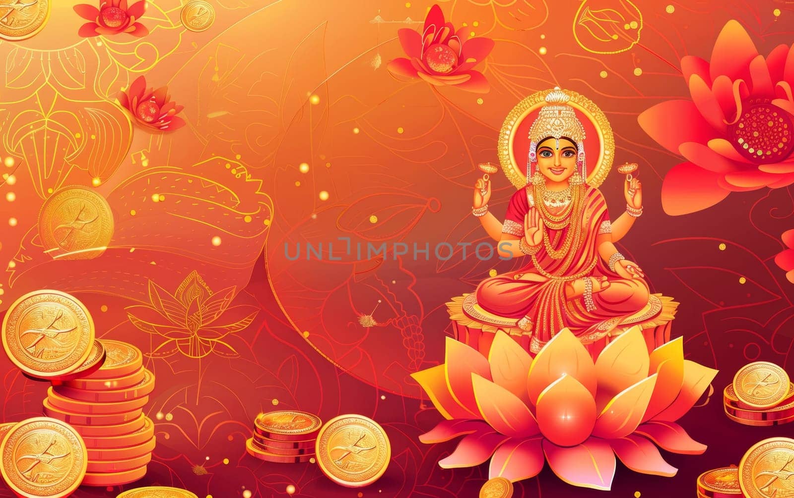 A tribute to Goddess Lakshmi on Akshaya Tritiya, illustrated with a deity on a lotus amidst golden coins on an ornate red backdrop. by sfinks