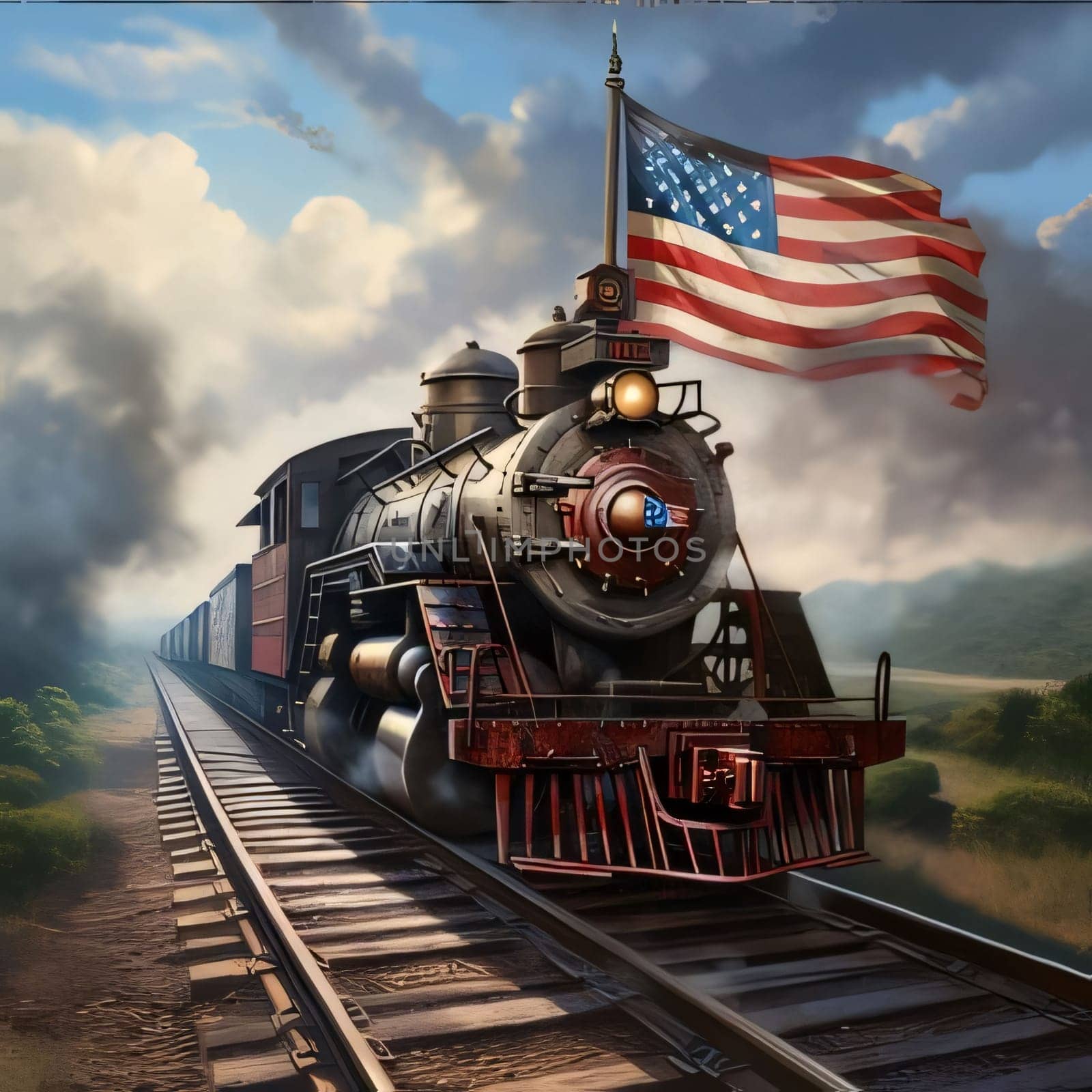 Memorial Day: Steam locomotive with American flag on the background. 3D rendering