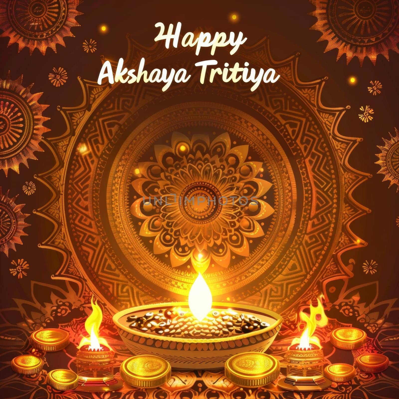 An ornate mandala and glowing diya set the scene for Akshaya Tritiya wishes, surrounded by gold coins symbolizing prosperity. by sfinks