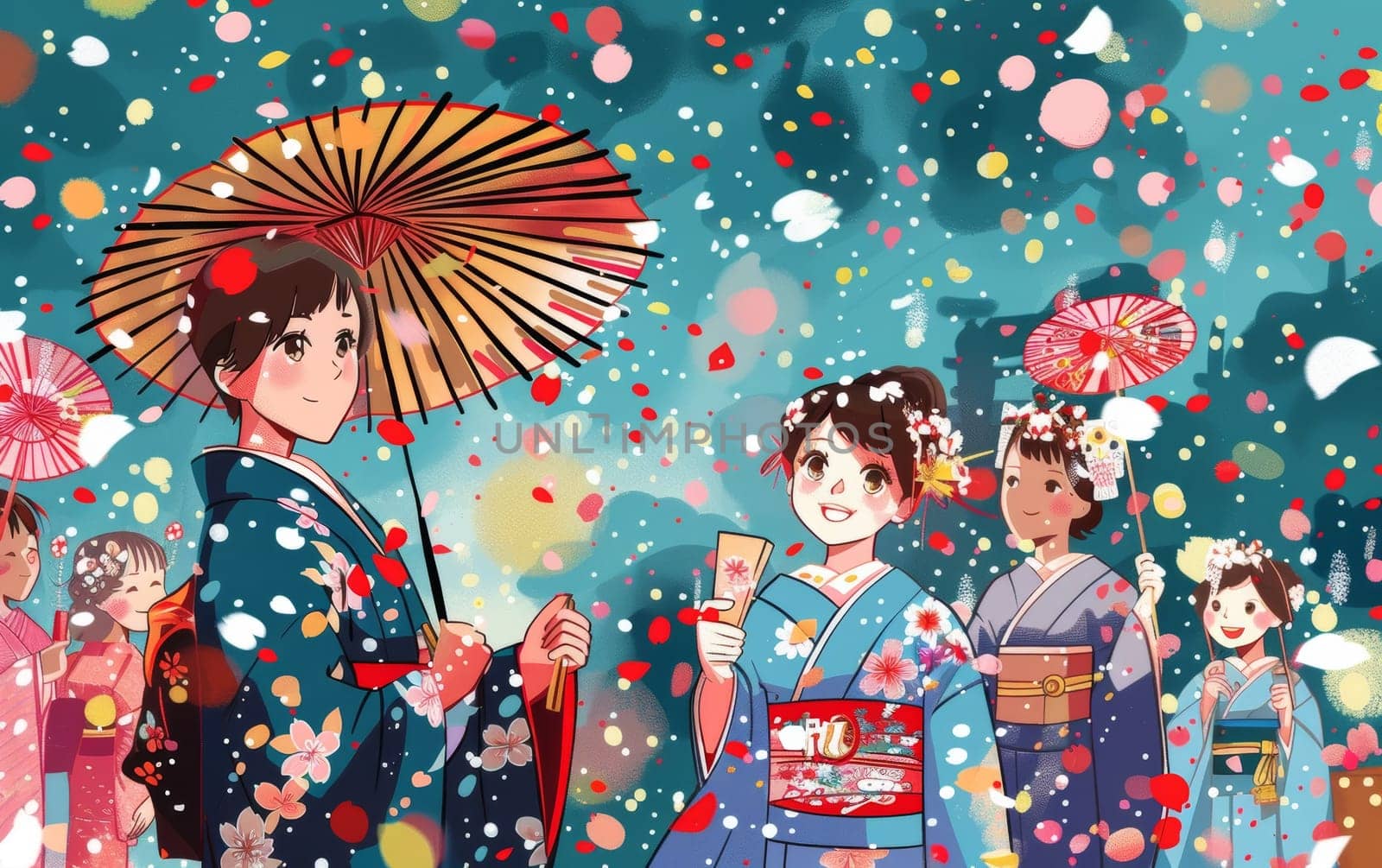 Crowds of joyful people in colorful traditional Japanese attire celebrate the Hanami festival, surrounded by a whimsical display of falling petals and fireworks