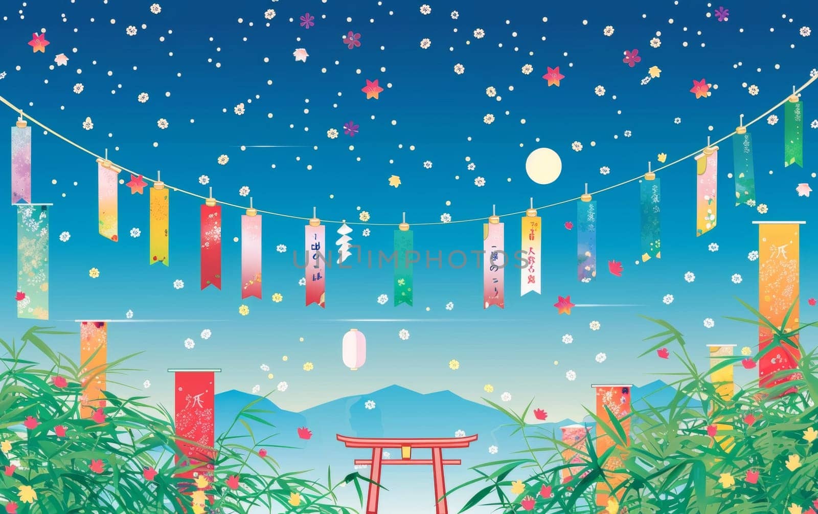 Vibrant Tanabata festival illustration with colorful streamers, Japanese text, and fireworks on a blue sky background