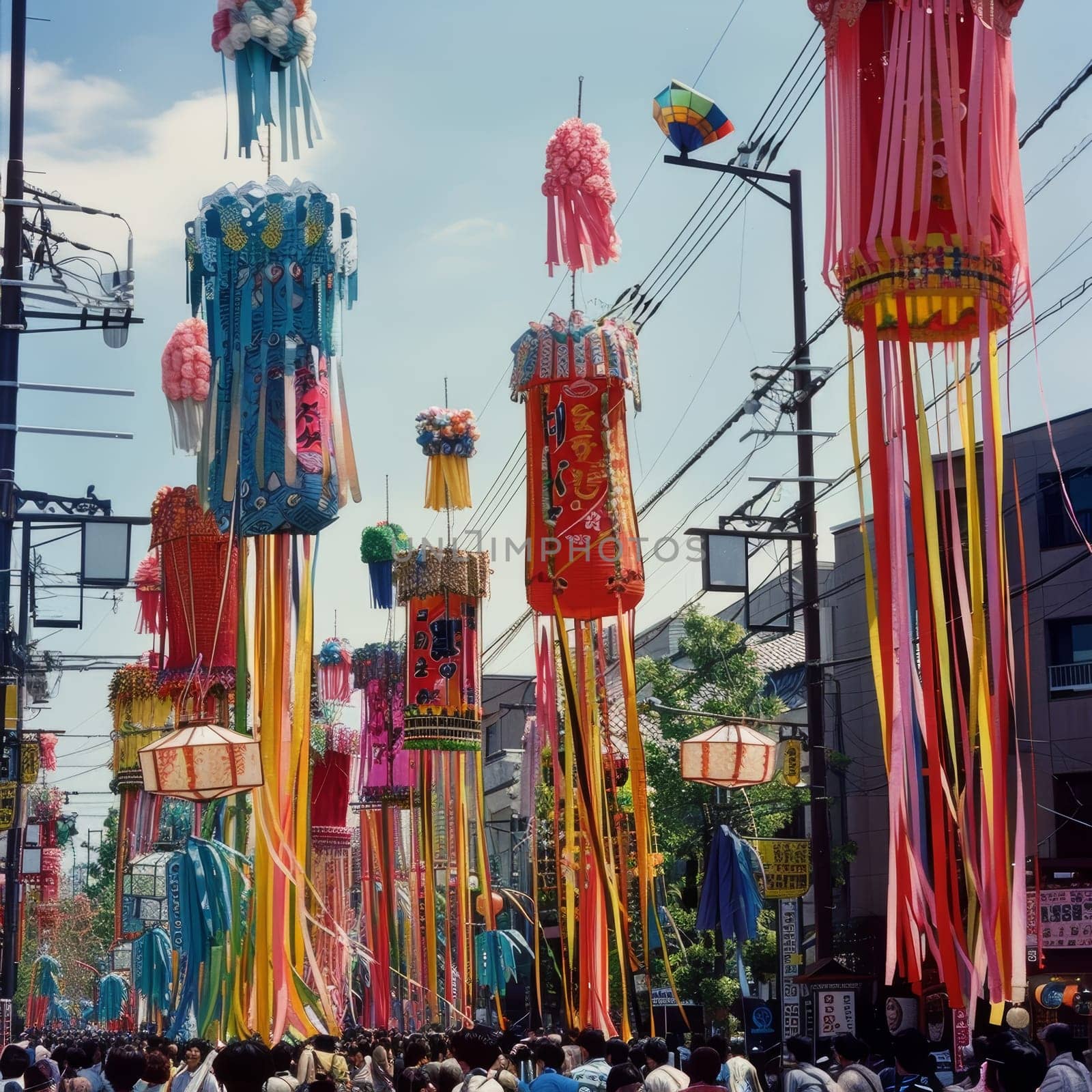 A lively Tanabata Matsuri scene with colorful ribbons and decorations suspended over a crowded Japanese street