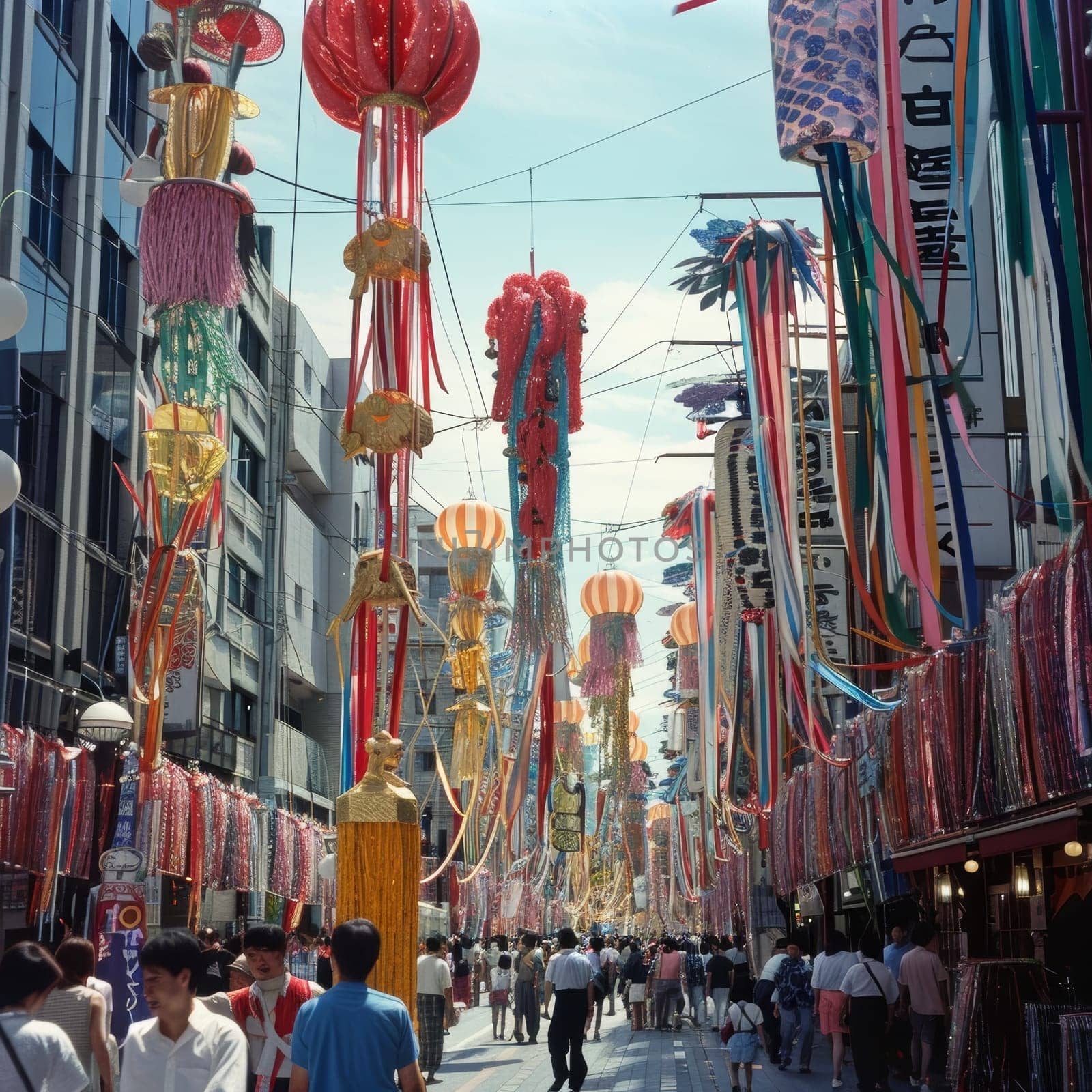 A bustling street adorned with vibrant Tanabata festival decorations under a clear blue sky