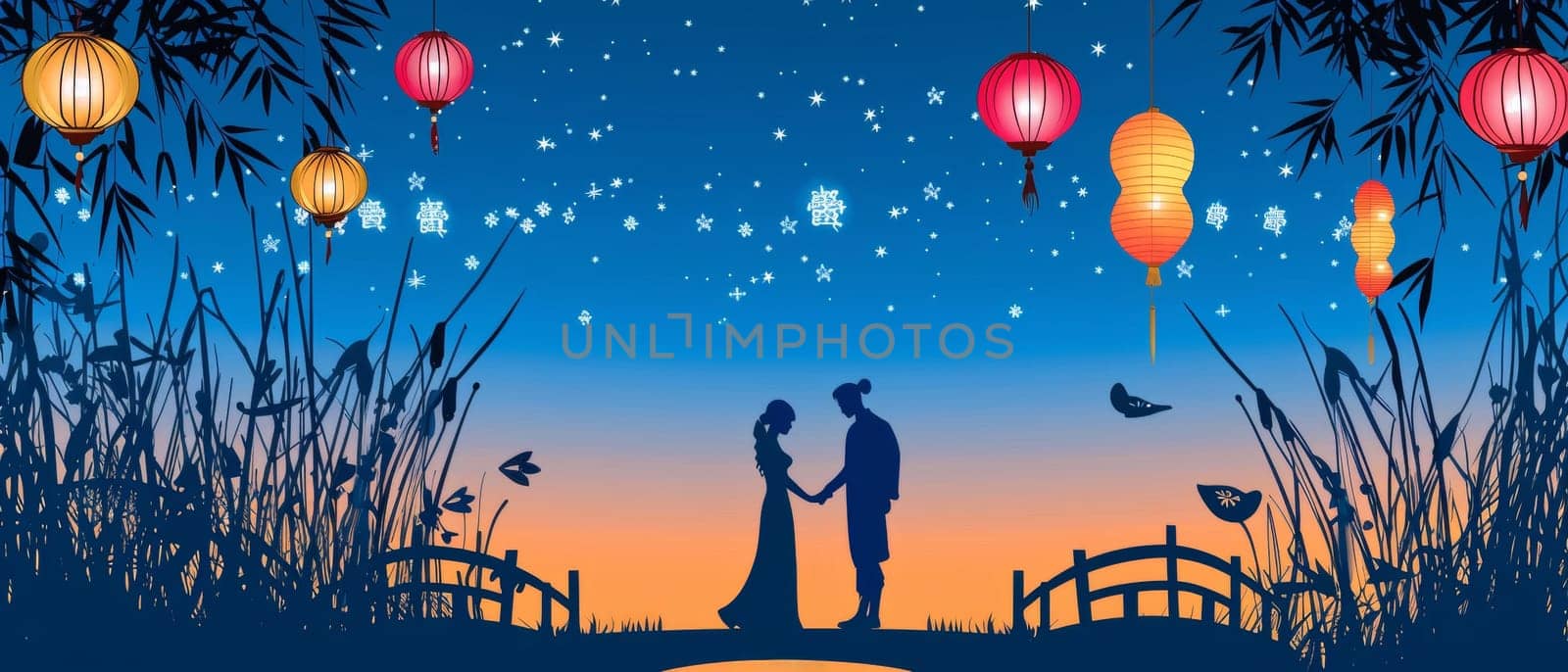 A serene Tanabata scene with silhouetted figures beneath a sky of stars and floating paper lanterns. by sfinks
