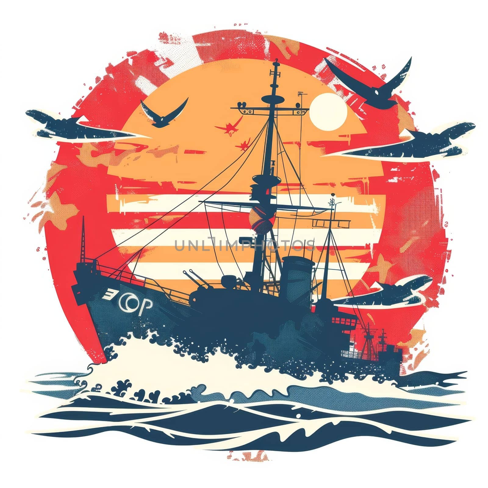 A retro graphic of a ship with seagulls set against an orange sun, reflecting the golden age of sea exploration. by sfinks