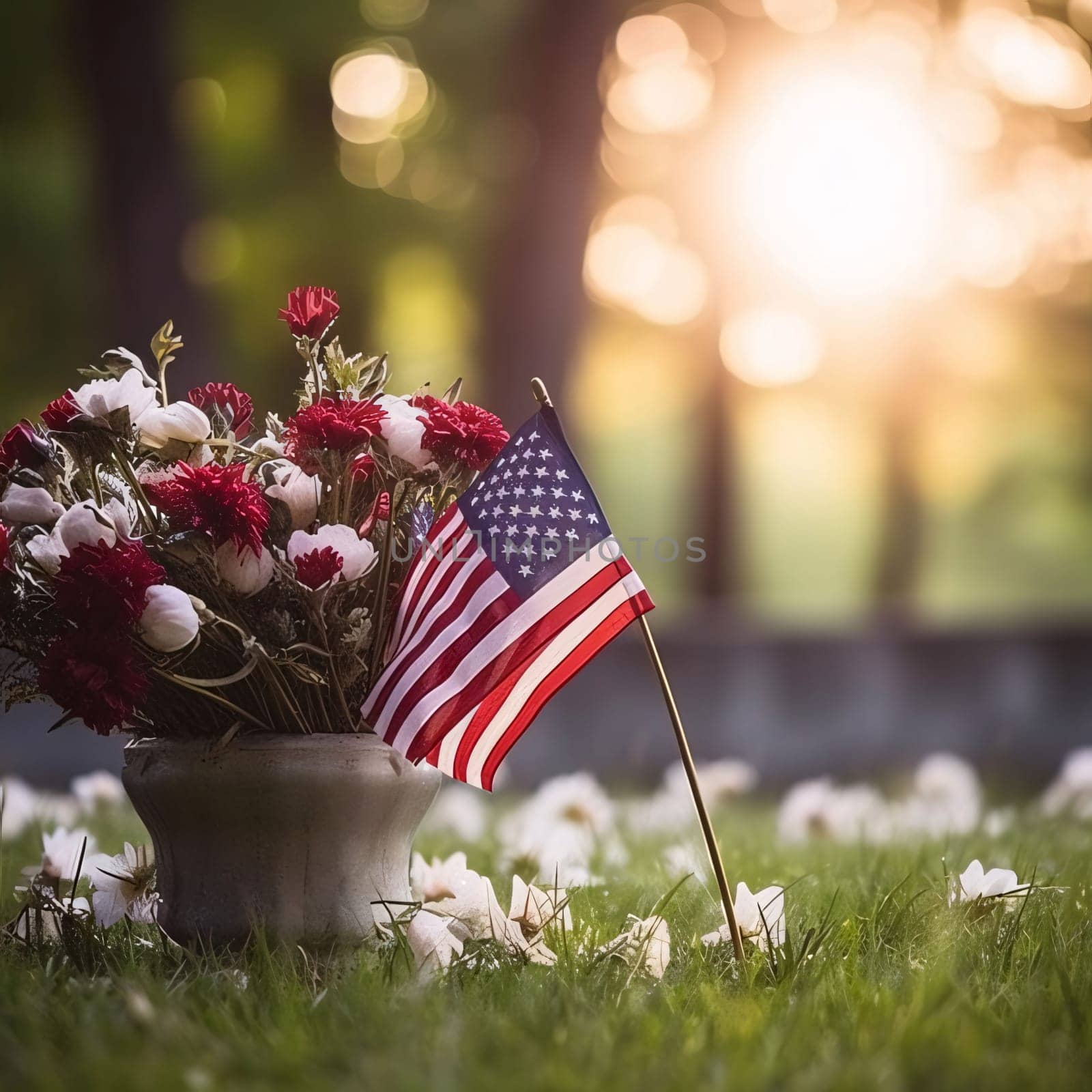 Memorial Day: American flag and flowers in a vase on the grass at sunset