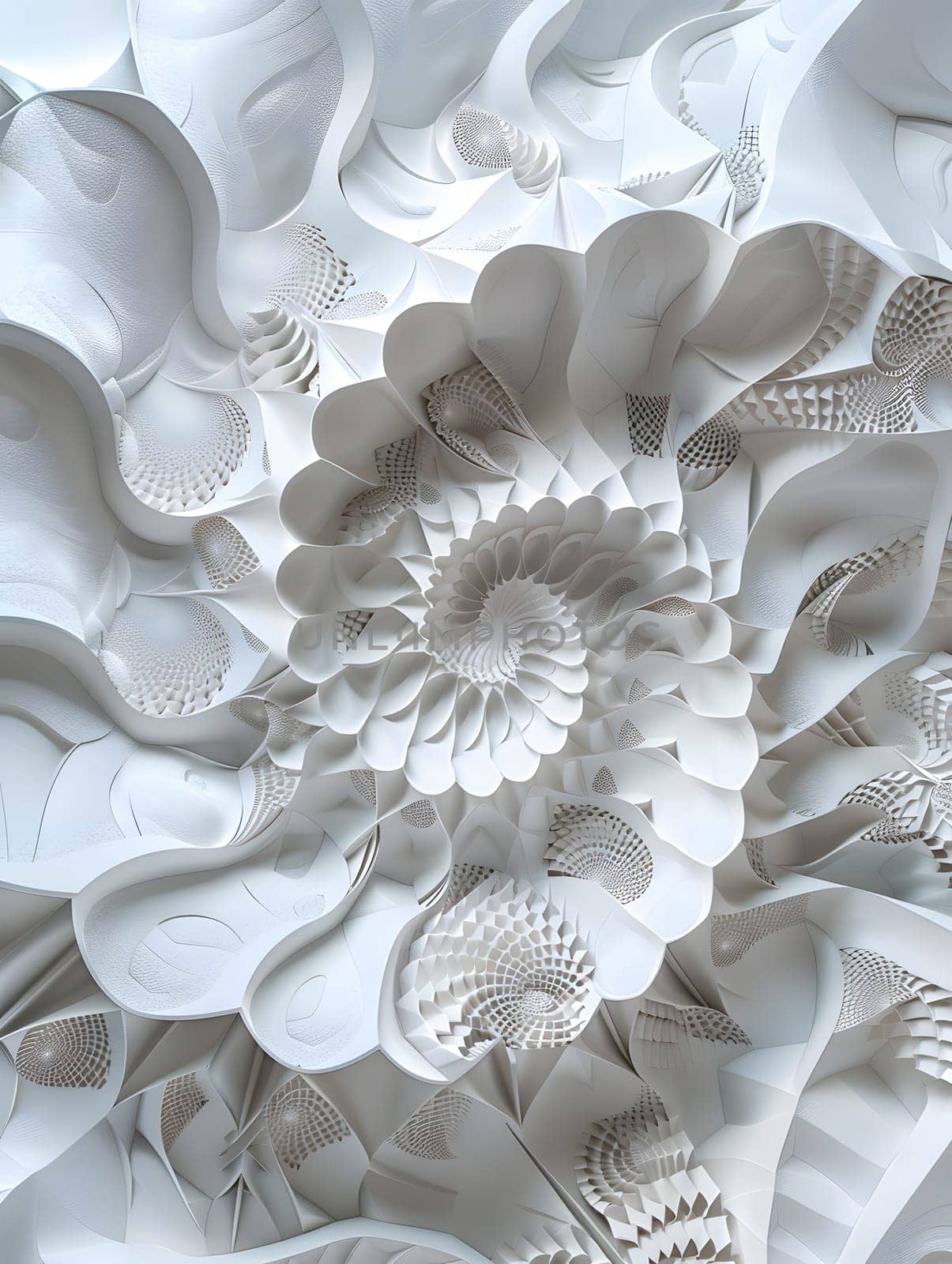 A closeup shot of a white flower sculpture featuring intricate petal patterns. This art piece would make a stunning motif for linens or a fashion accessory