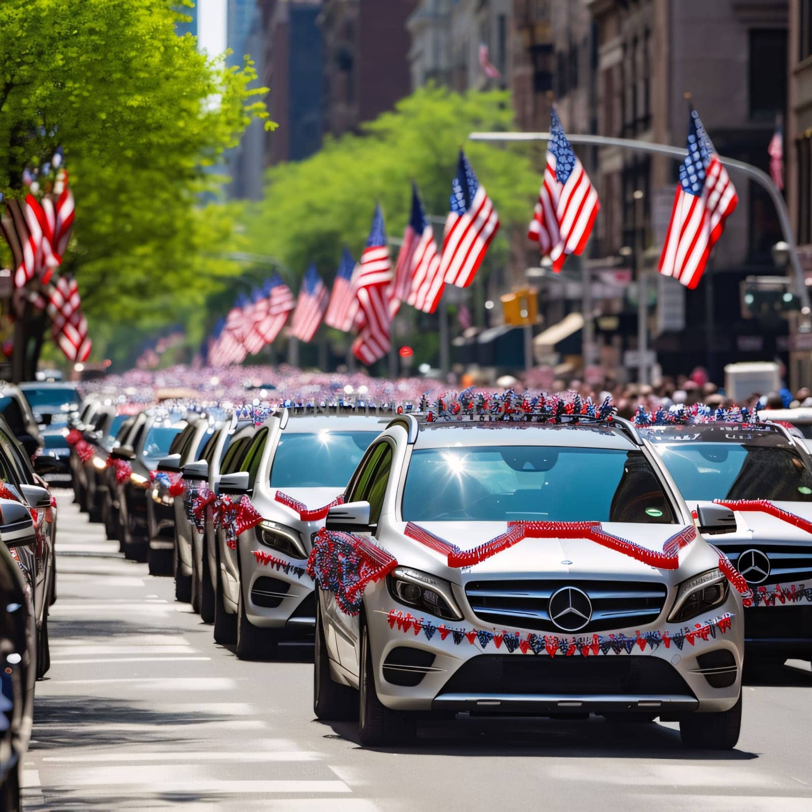 Memorial Day: American flags on cars parked in Manhattan, New York City, USA