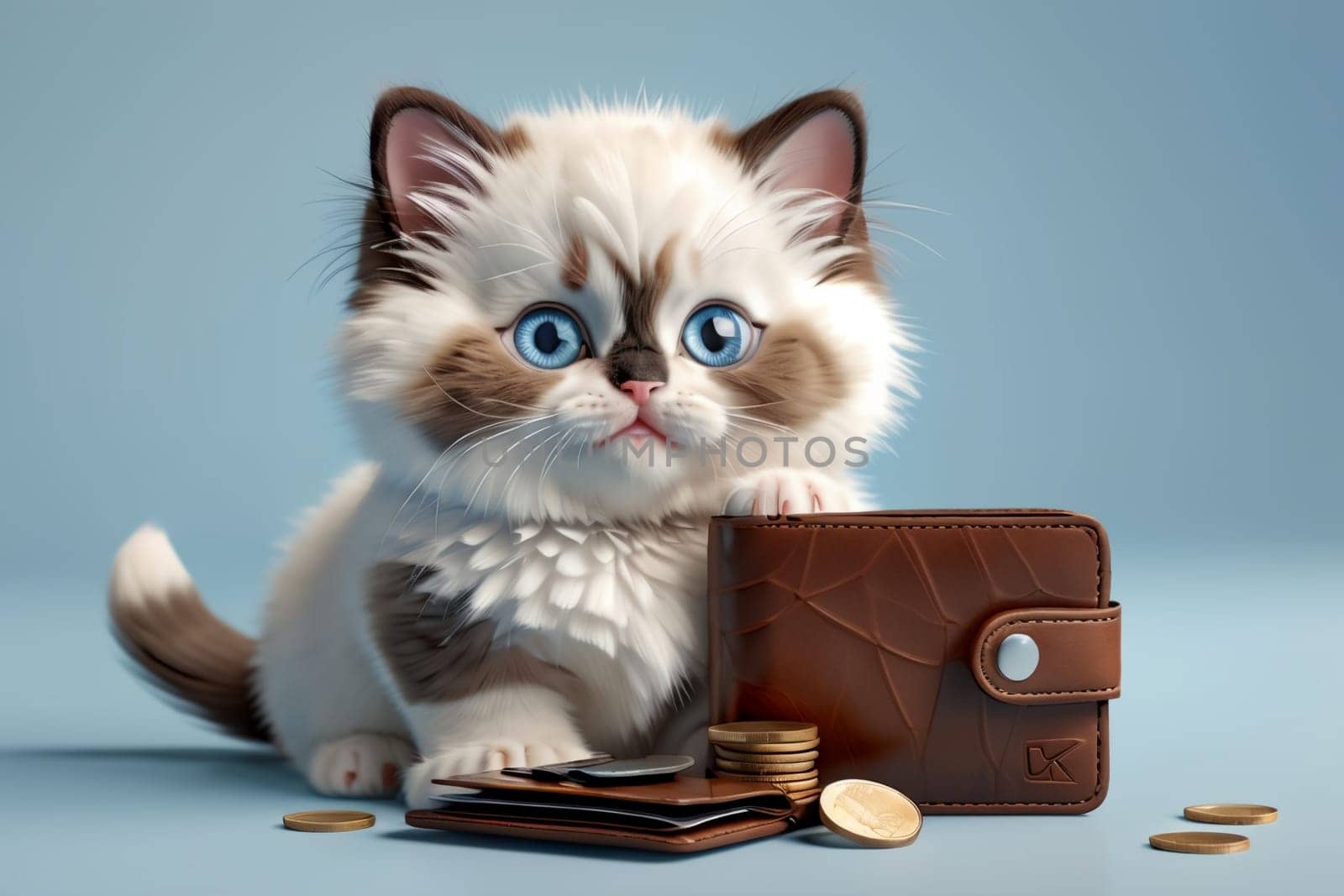 cute Ragdoll kitten with wallet and coins, isolated on blue background .