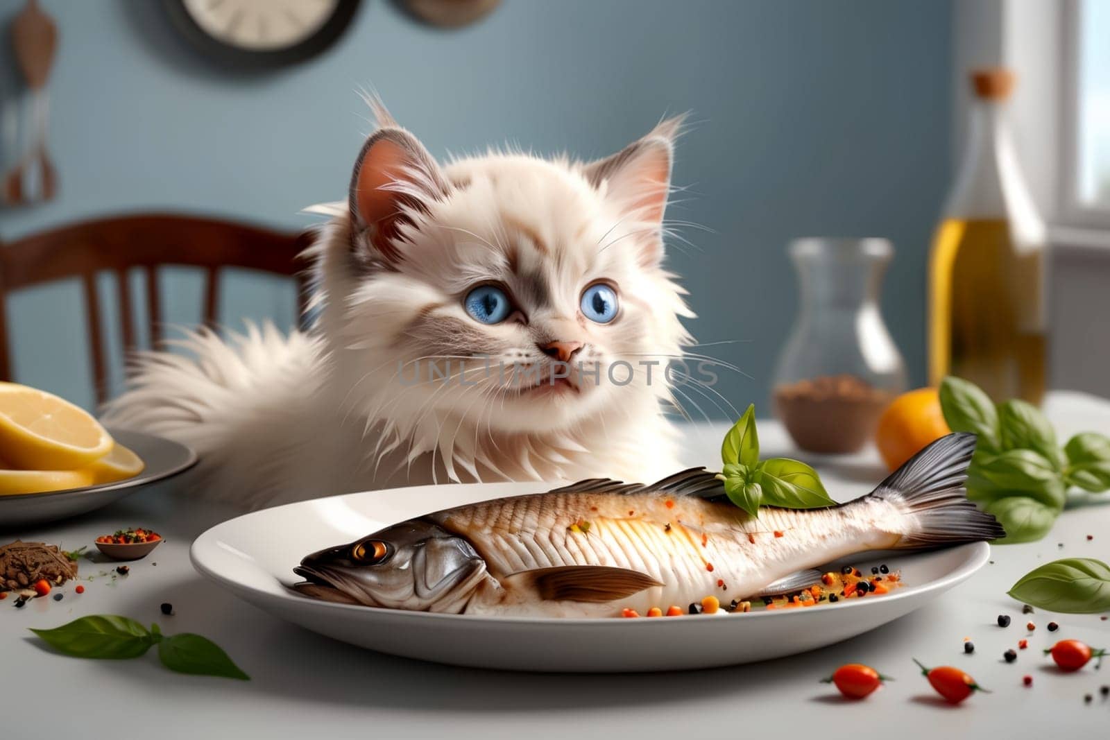 cute Ragdoll kitten looking at fried fish in a plate, isolated on a white background by Rawlik