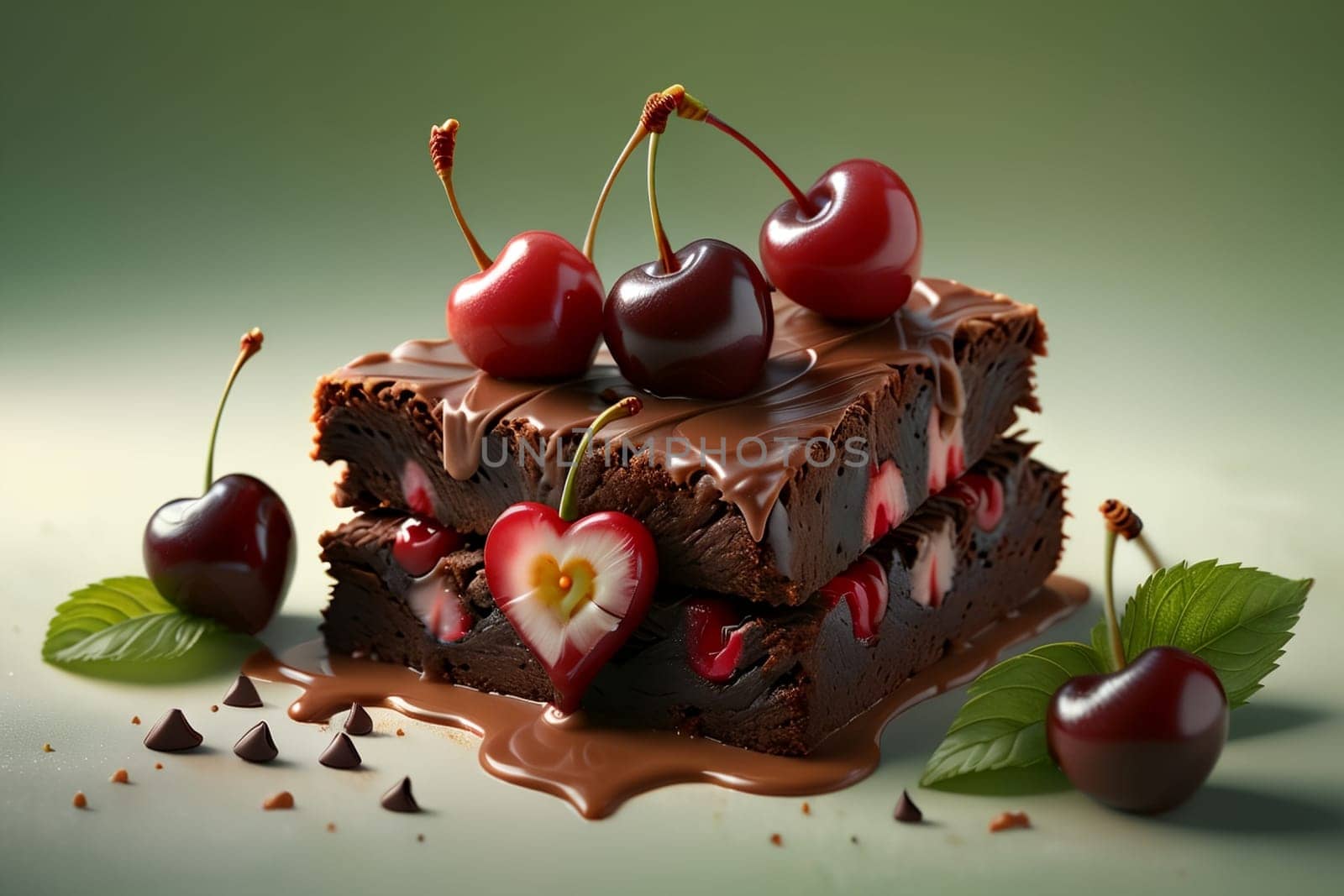 brownie cake with chocolate and cherry, glazed .