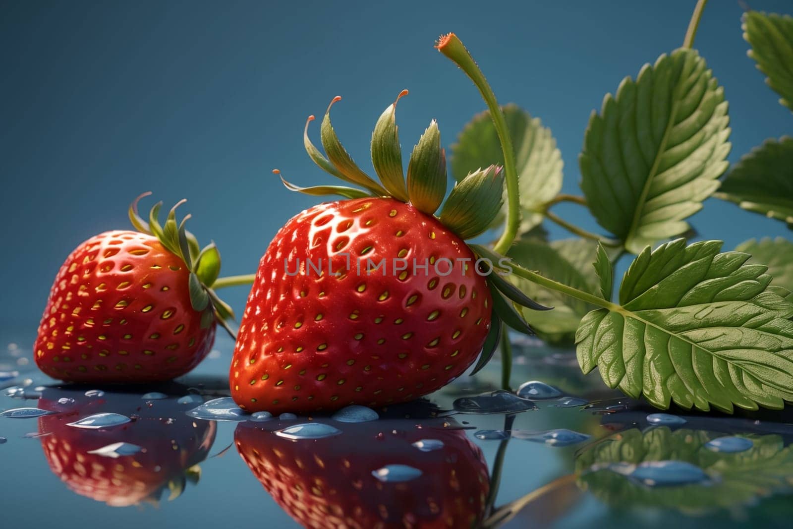 red ripe strawberry spring on a blue background by Rawlik