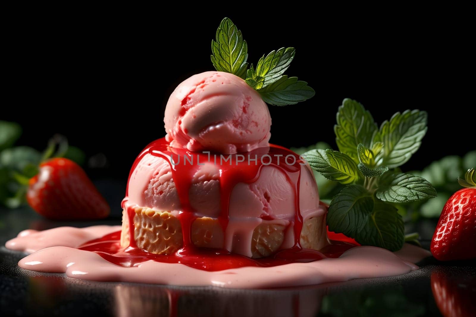 strawberry ice cream with strawberry syrup and mint .