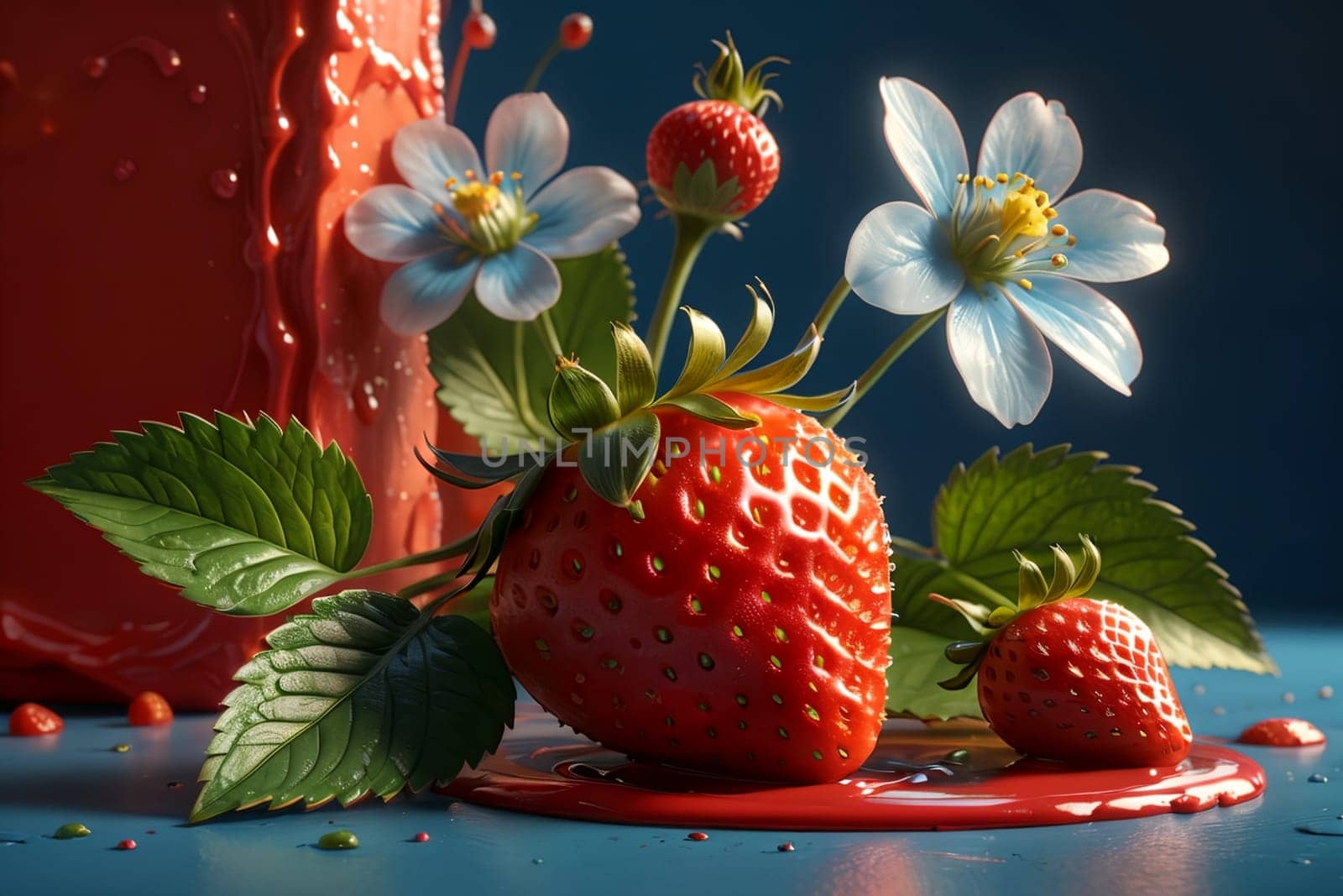 red ripe strawberry spring on a blue background .