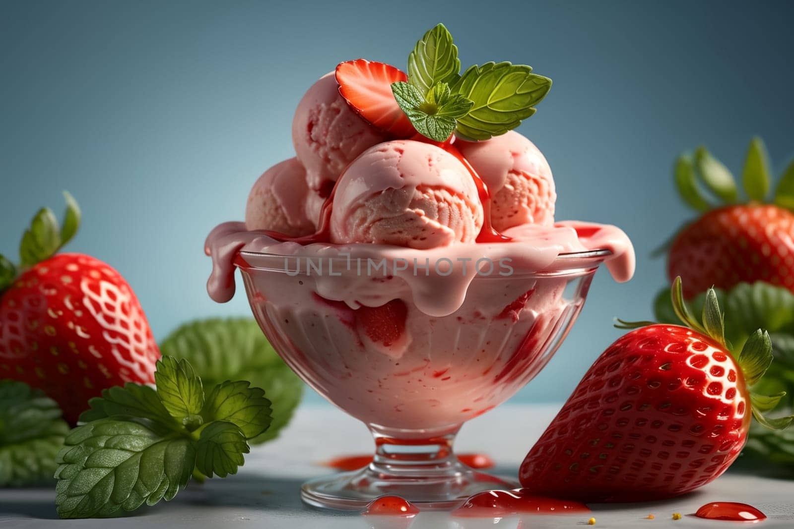 strawberry ice cream with strawberry syrup and mint .