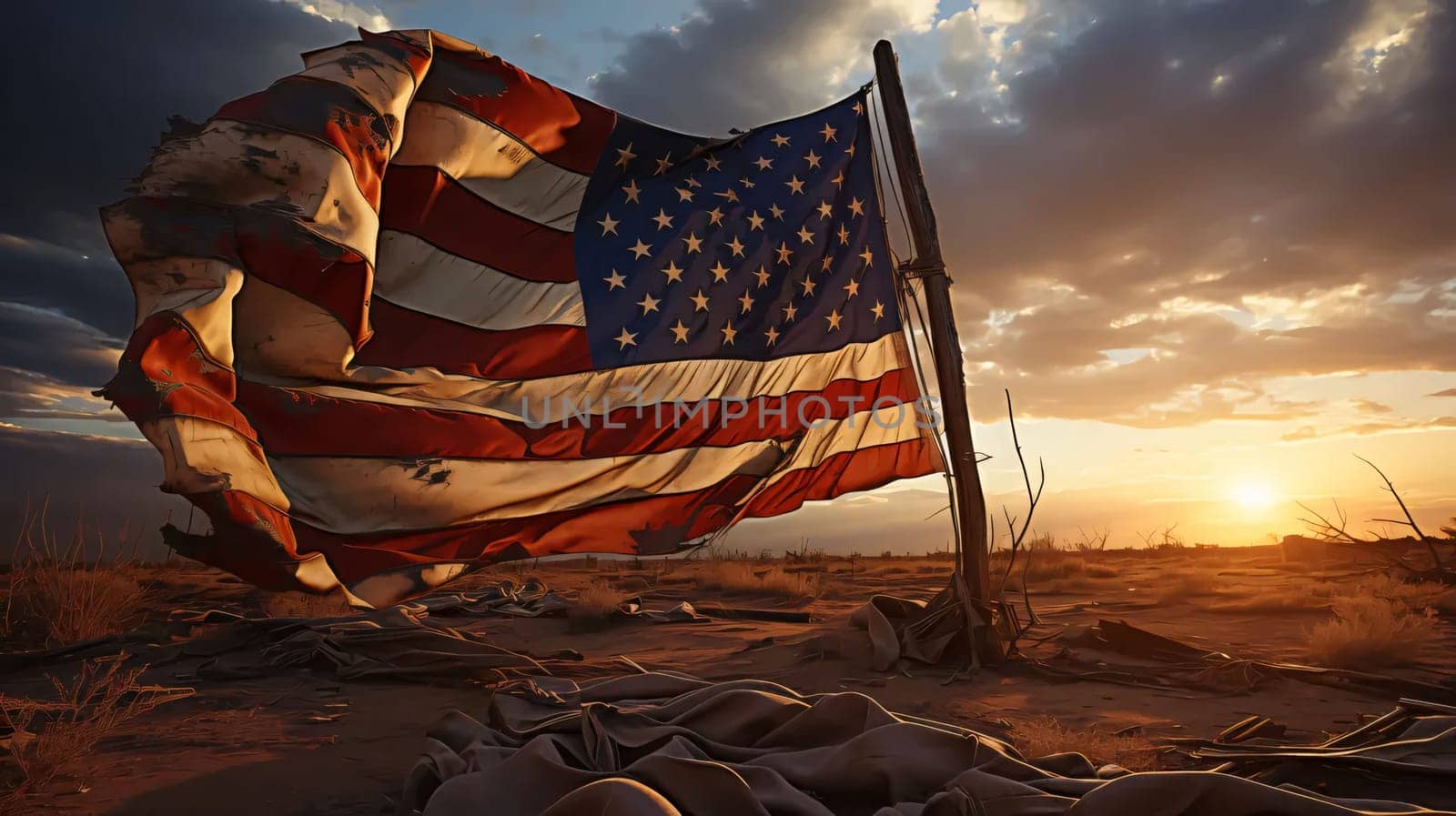 American flag waving in the desert at sunset. 3d illustration. by ThemesS