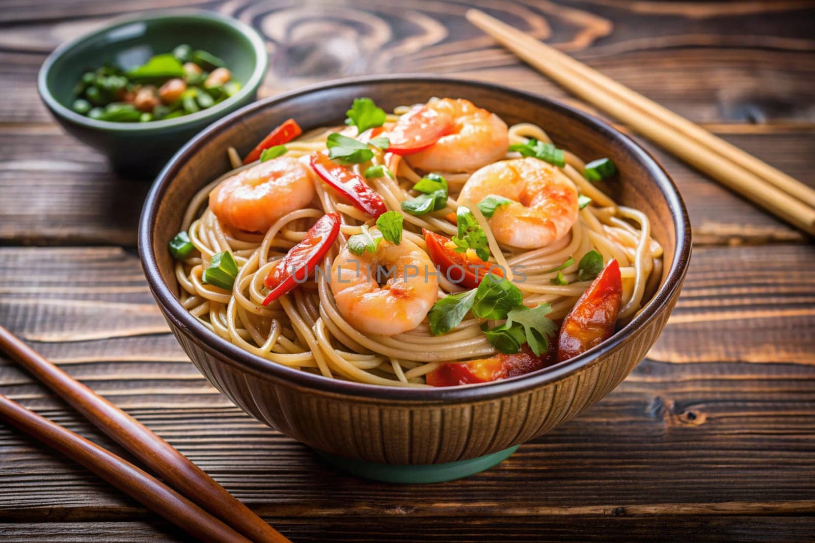 Spicy stir fried noodle with shrimps and green onion in ceramic bowl on wooden background. Ai generated by alenamoore