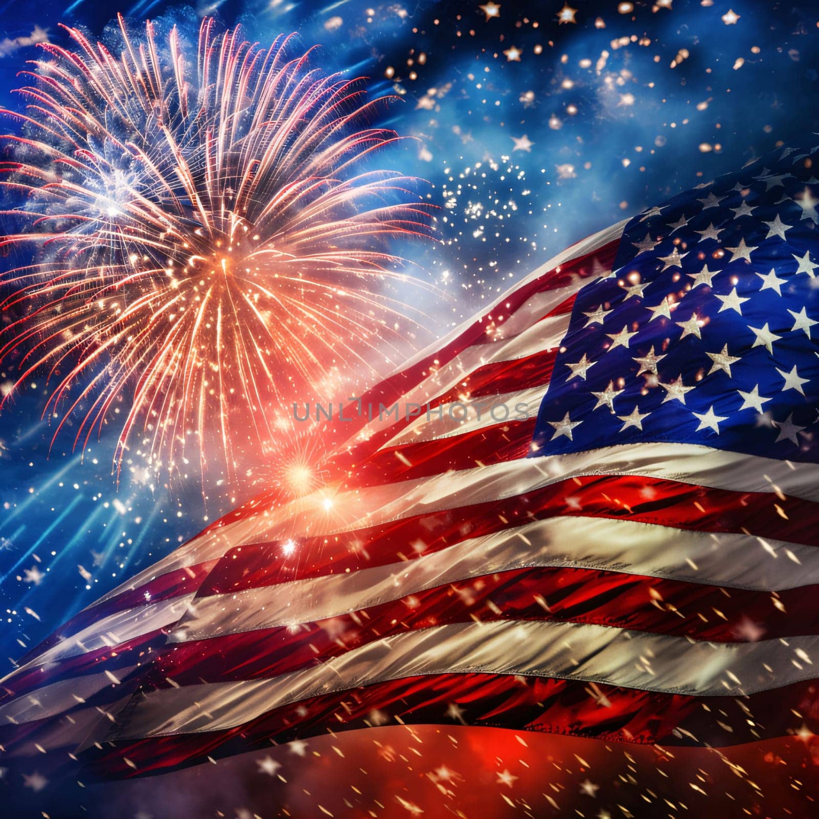 Memorial Day: American flag with fireworks in the night sky. Independence Day background.