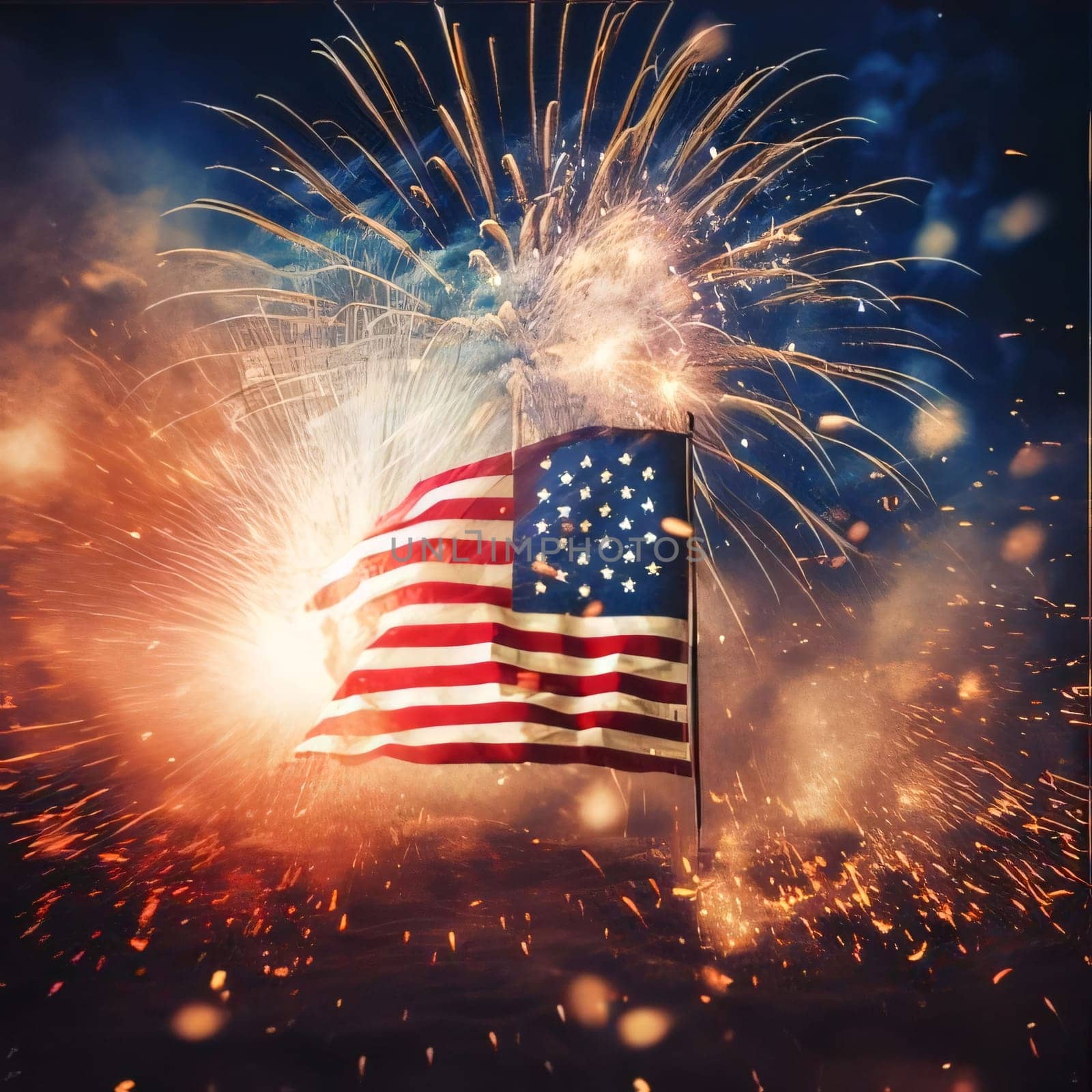 Memorial Day: American flag with fireworks and sparks on dark sky background. Independence day