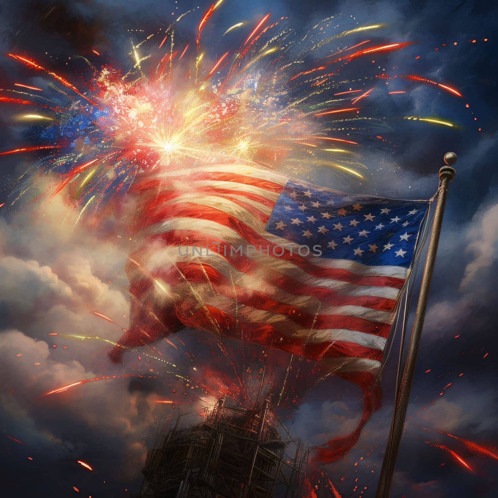 Memorial Day: United states of America flag with fireworks on dark sky background. 3D illustration