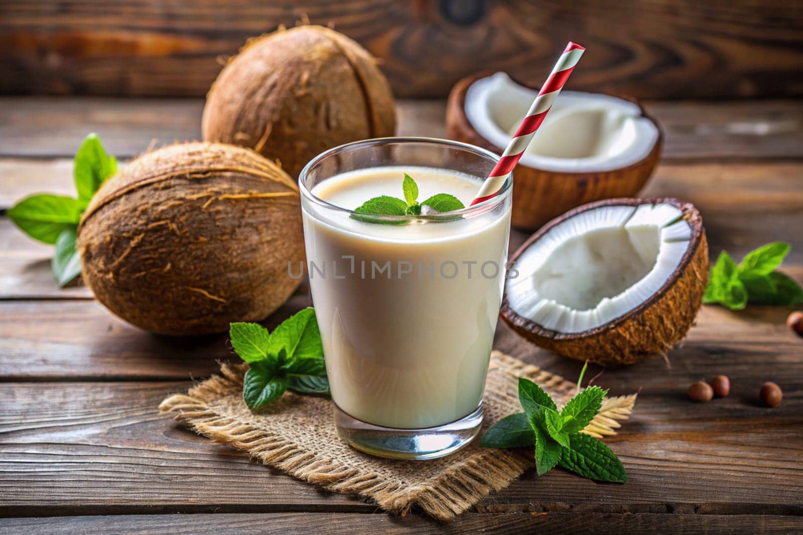 A glass of Coconut Smoothies with Coconut. Coconut smoothie with mint on wooden background. Ai generated image