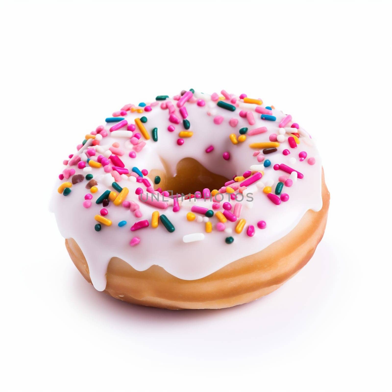 Sweet Vanilla Donut on White Background. White Donut Decorated with Colorful Sprinkles Isolated on White Background.