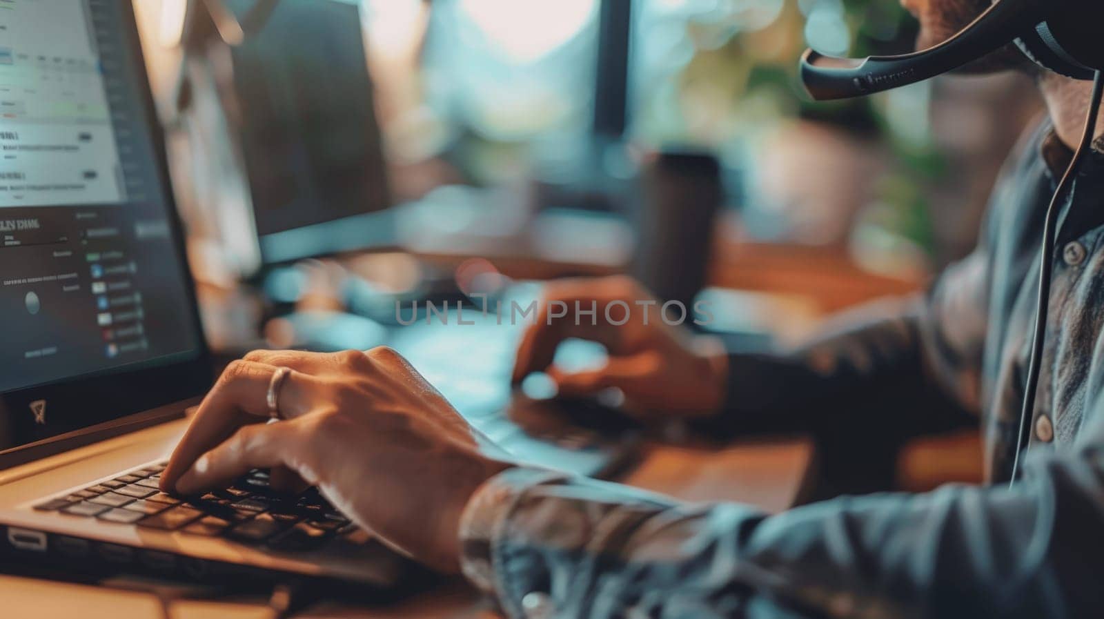 Snapshot of call center male operator, Close up customer service representative working.