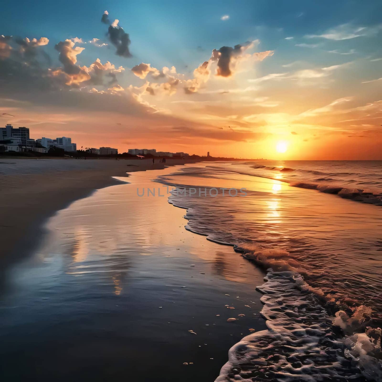Photography: Beautiful seascape at sunset. Colorful sky with clouds.