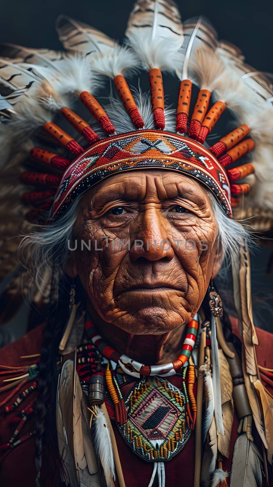 A tribal chief with a feathered headdress and necklace at a cultural event. Closeup painting captures the wrinkles on his flesh, showcasing Native American art and visual arts at its best