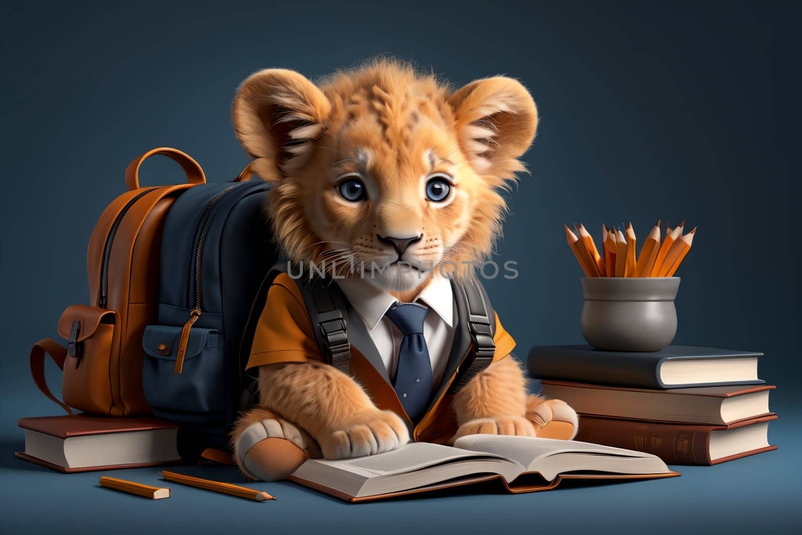 tiger cub schoolboy with backpack and textbooks .